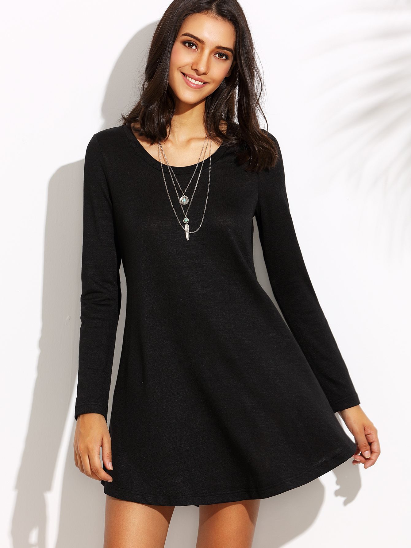 Black Round Neck Long Sleeve Shift Dress