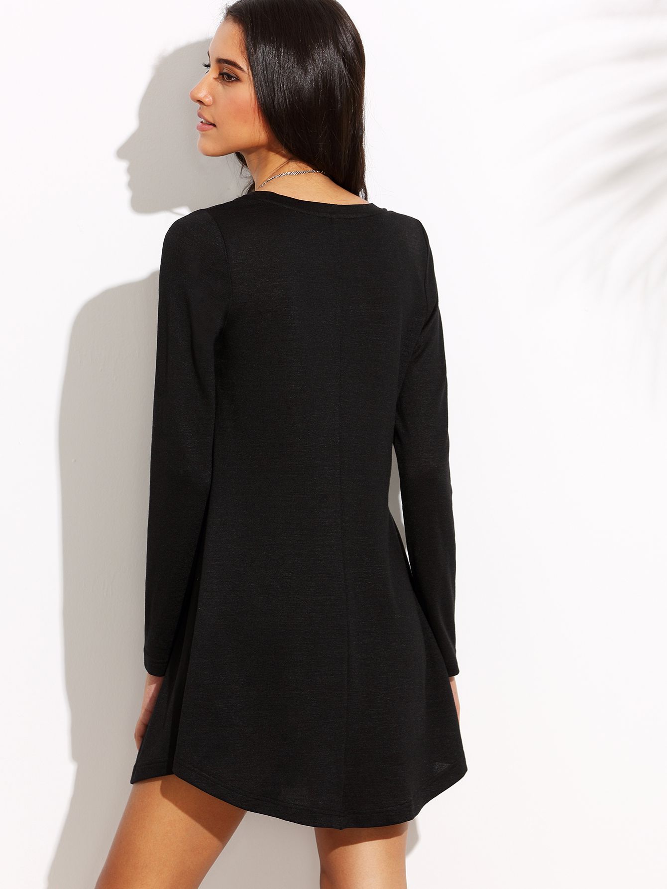 Black Round Neck Long Sleeve Shift Dress