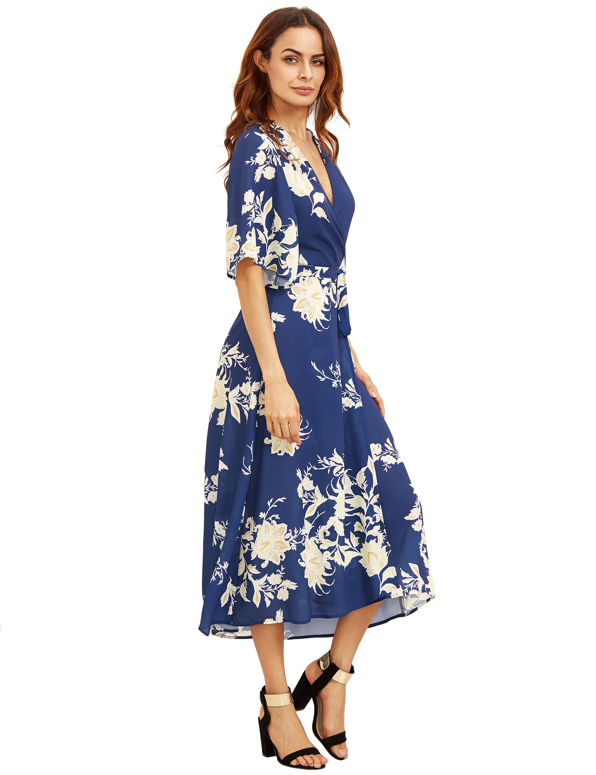 V Neck Florals Wrap Dress