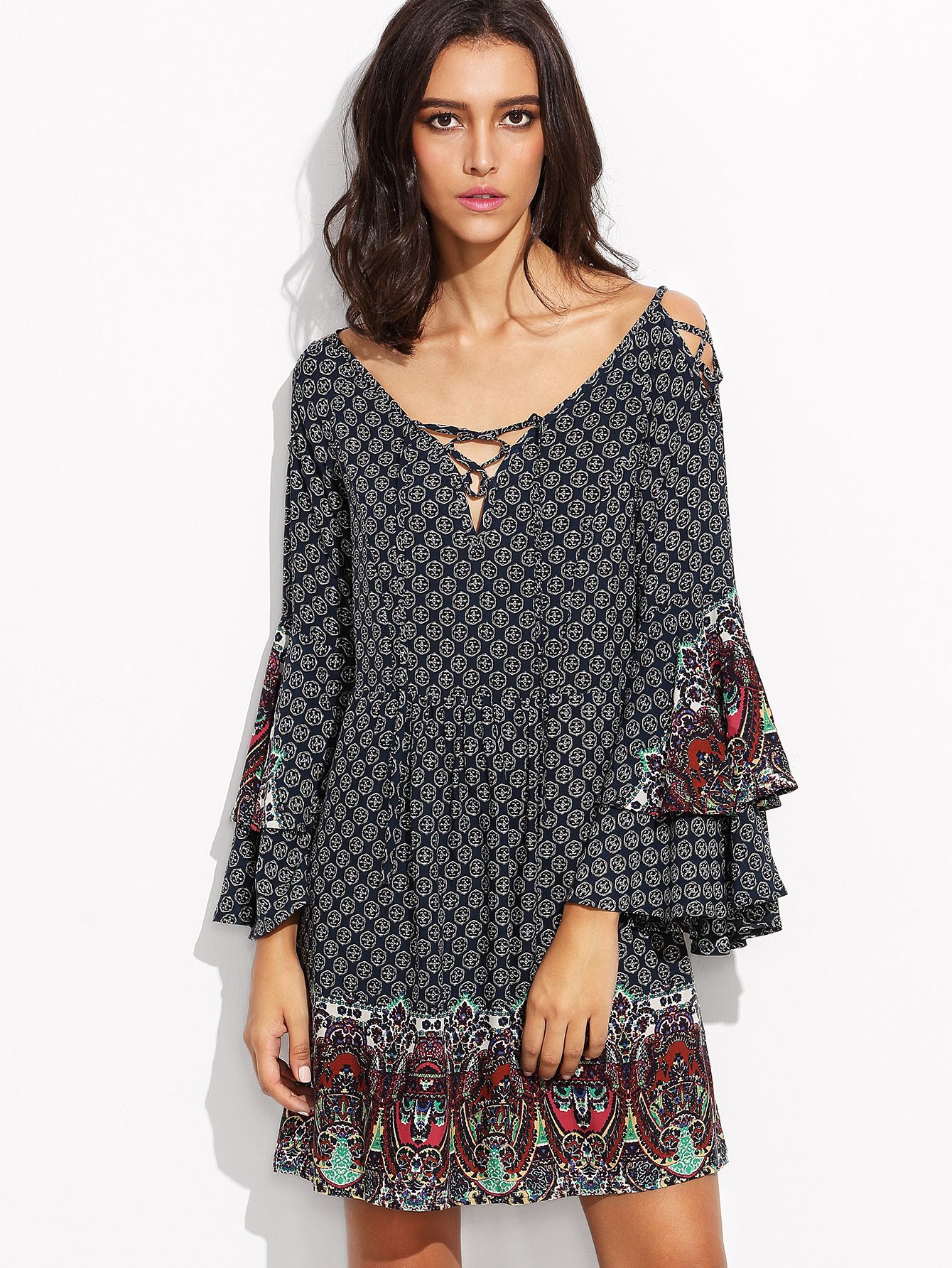 Multicolor Print Criss Cross Bell Sleeve Shift Dress