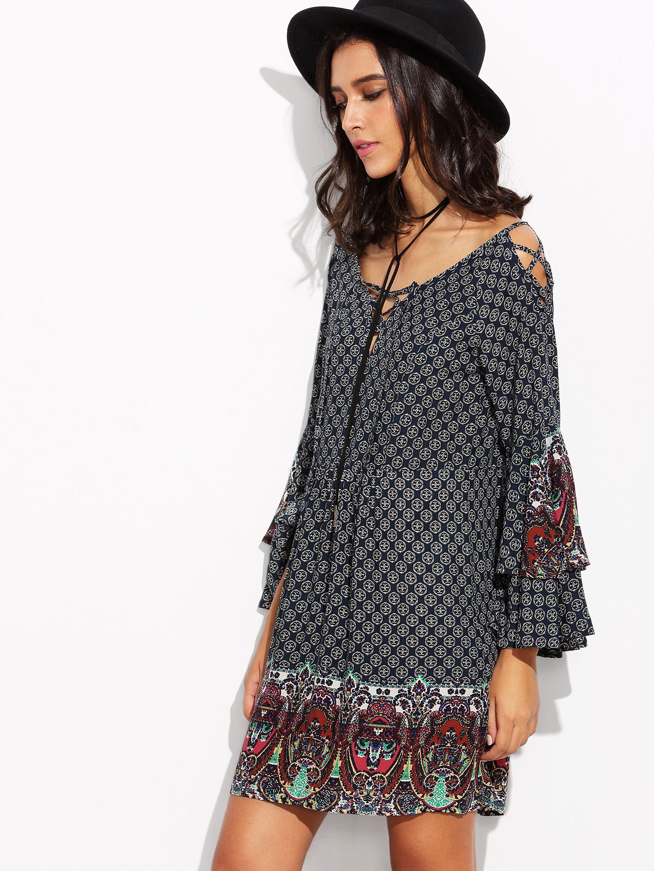 Multicolor Print Criss Cross Bell Sleeve Shift Dress