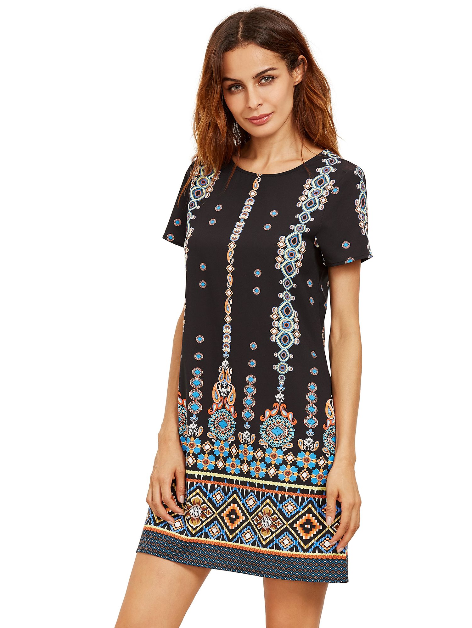 Orange In Black Aztec Print Shift Dress