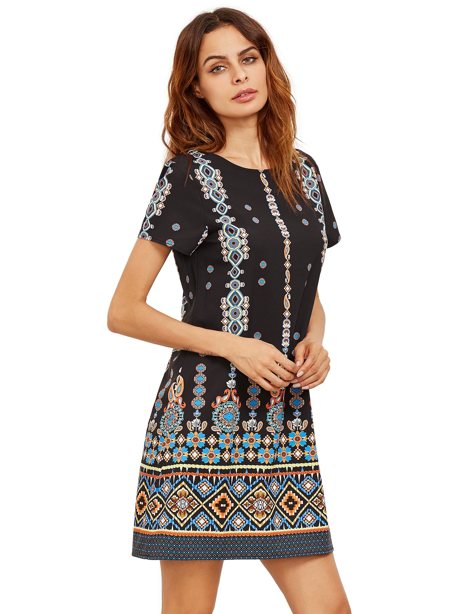 Orange In Black Aztec Print Shift Dress