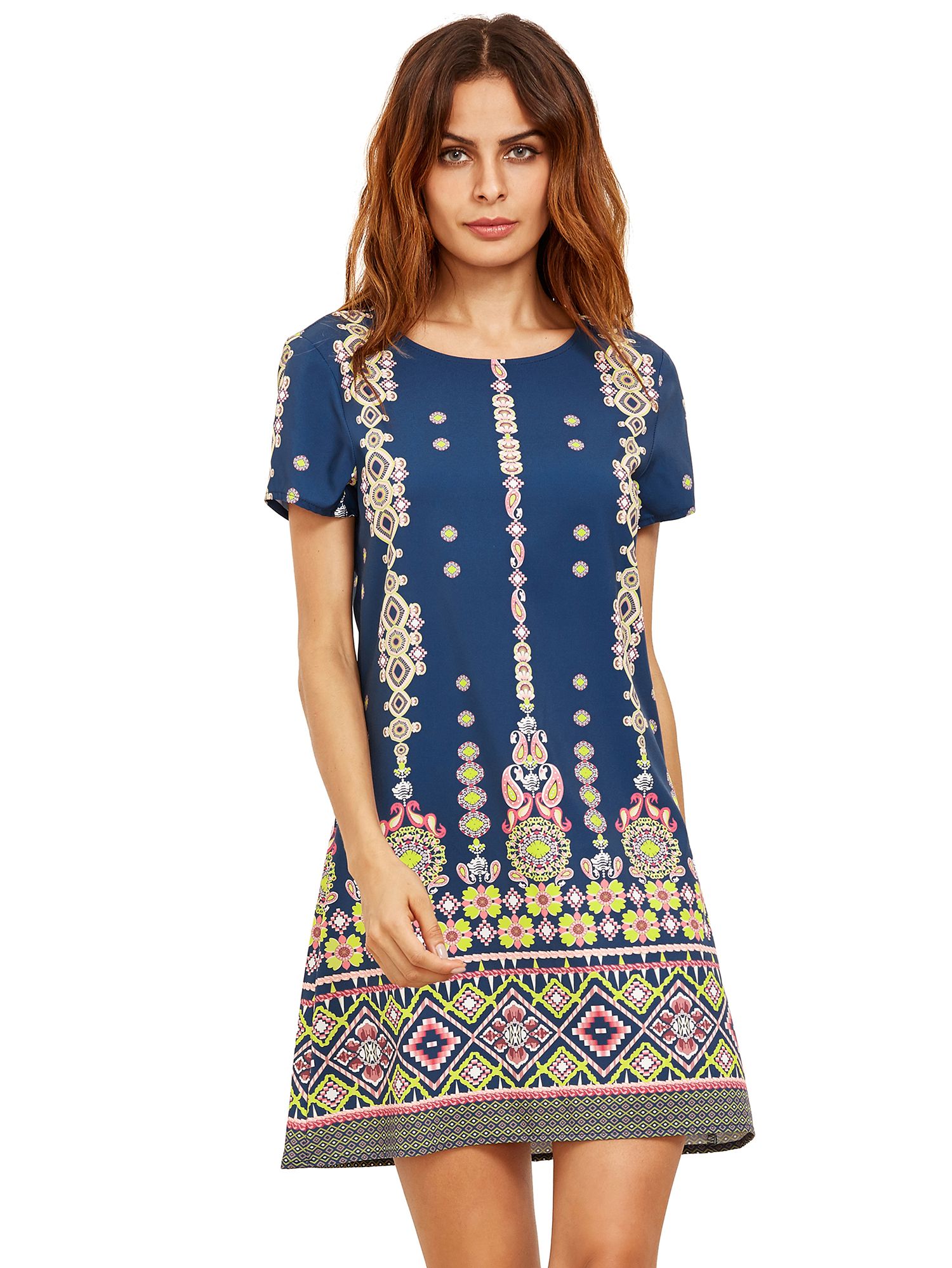 Pink In Blue Aztec Print Shift Dress