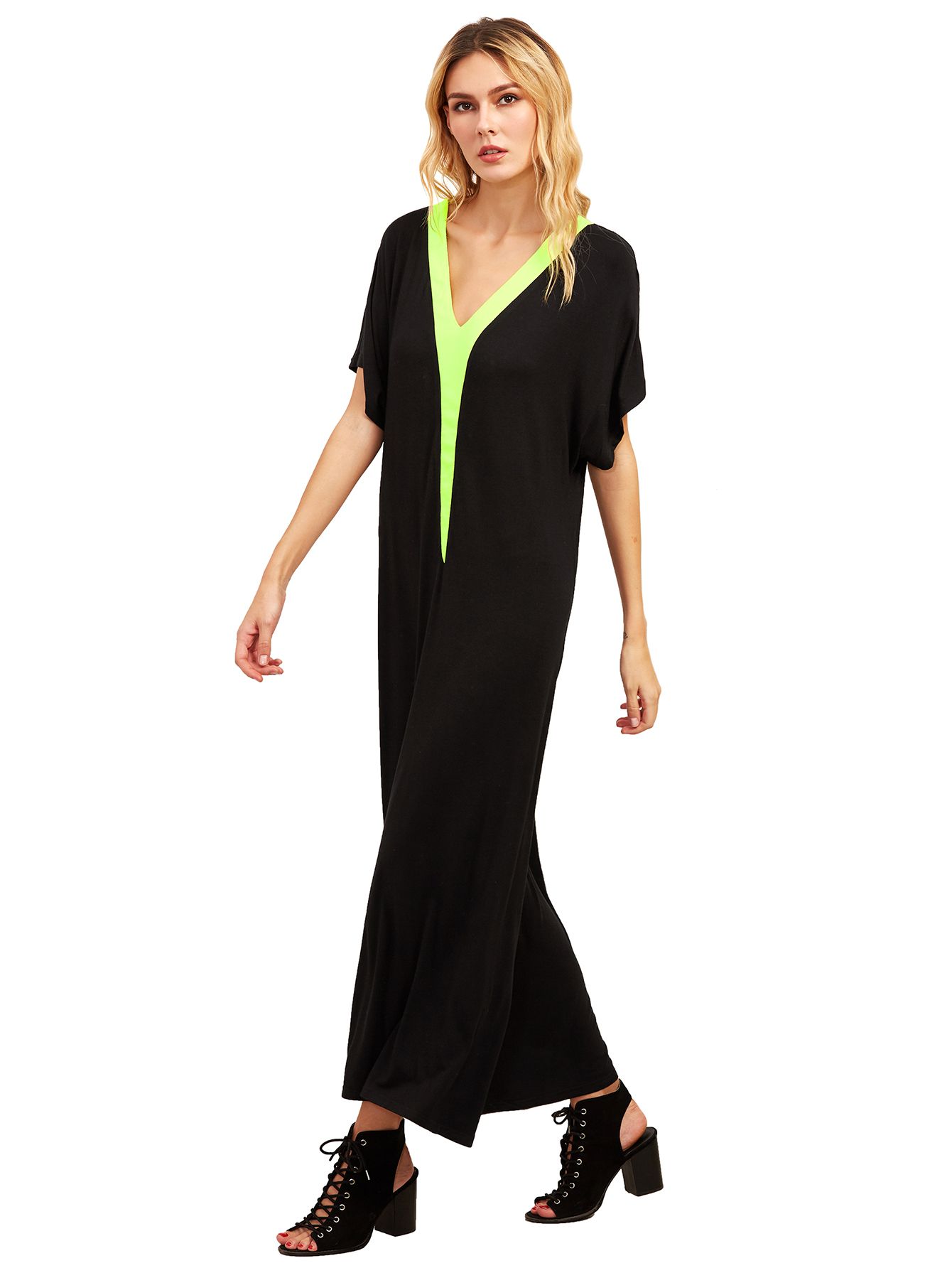 Black V Neck Short Sleeve Shift Maxi Dress