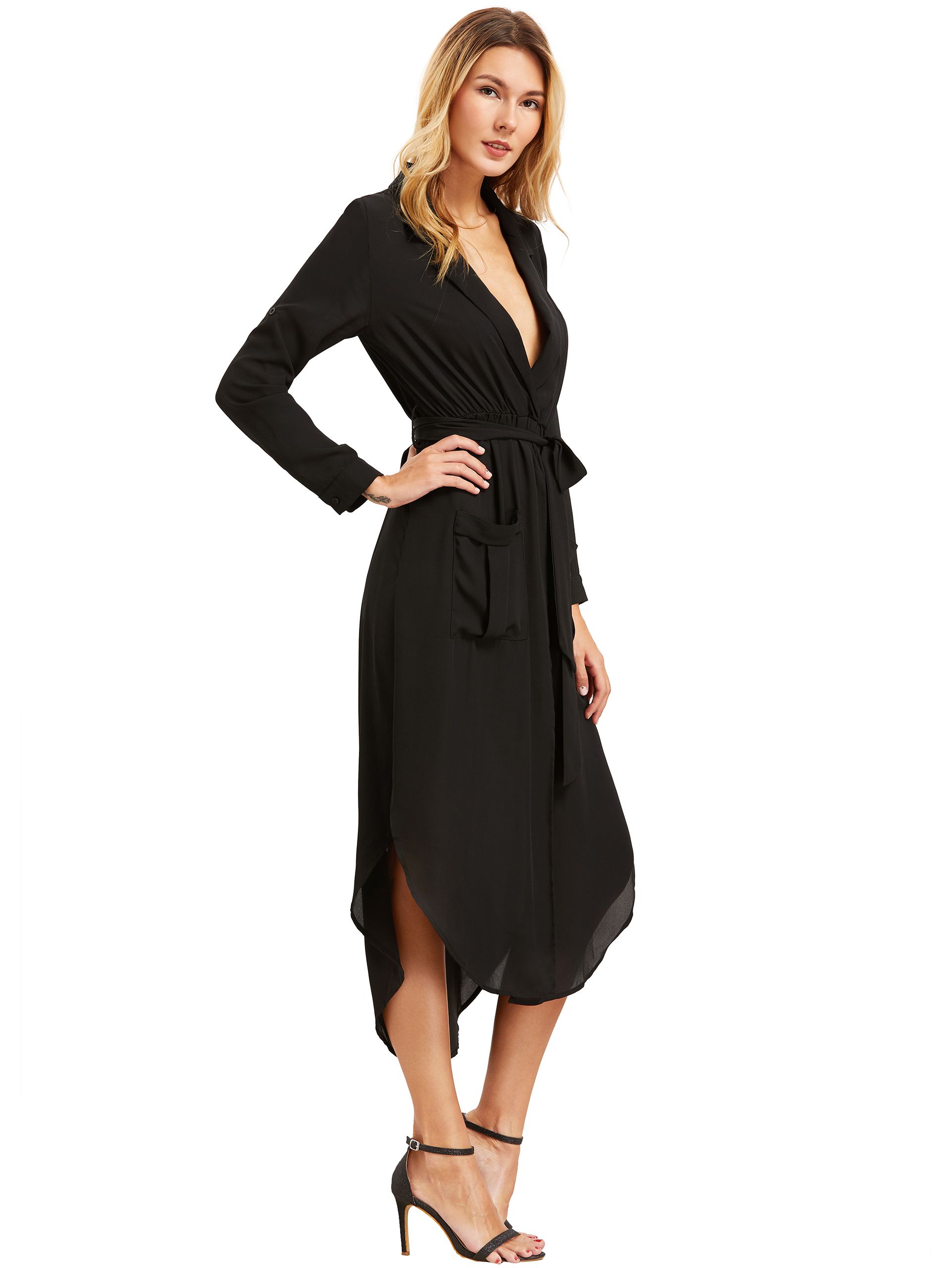 Black Lapel Self-tie HIgh Low Chiffon Dress With Pockets