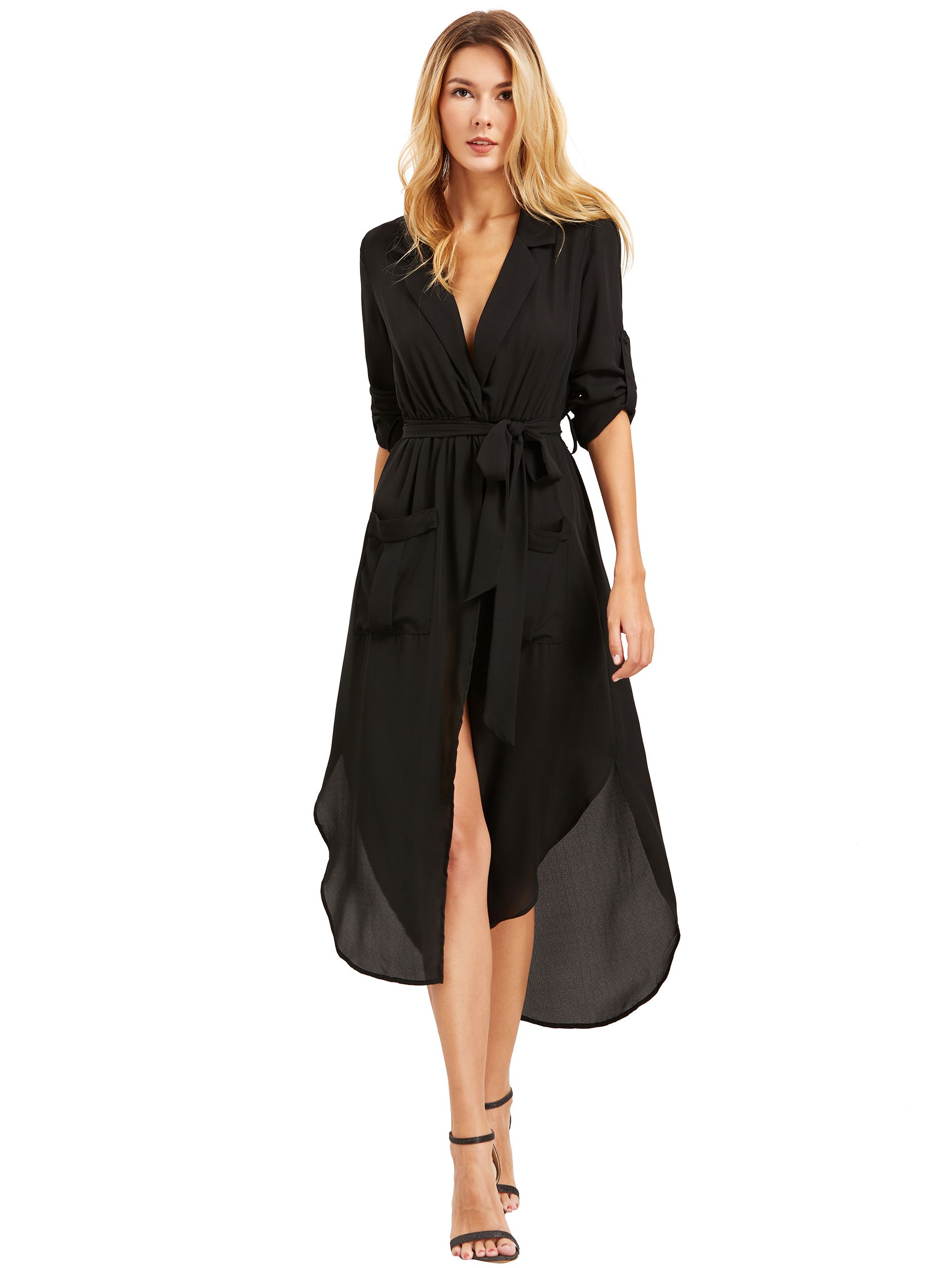 Black Lapel Self-tie HIgh Low Chiffon Dress With Pockets