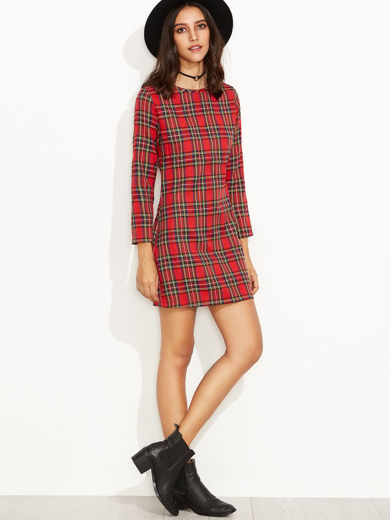 Red Plaid Zipper Back Long Sleeve Sheath Dress