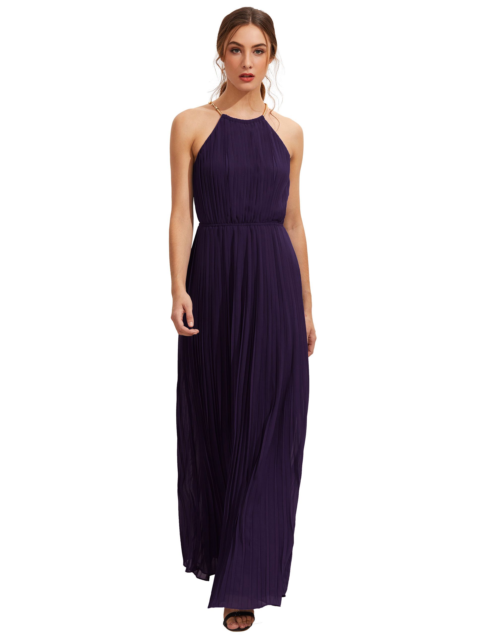 Purple Sleeveless Halterneck Pleated Infinity Maxi Dress