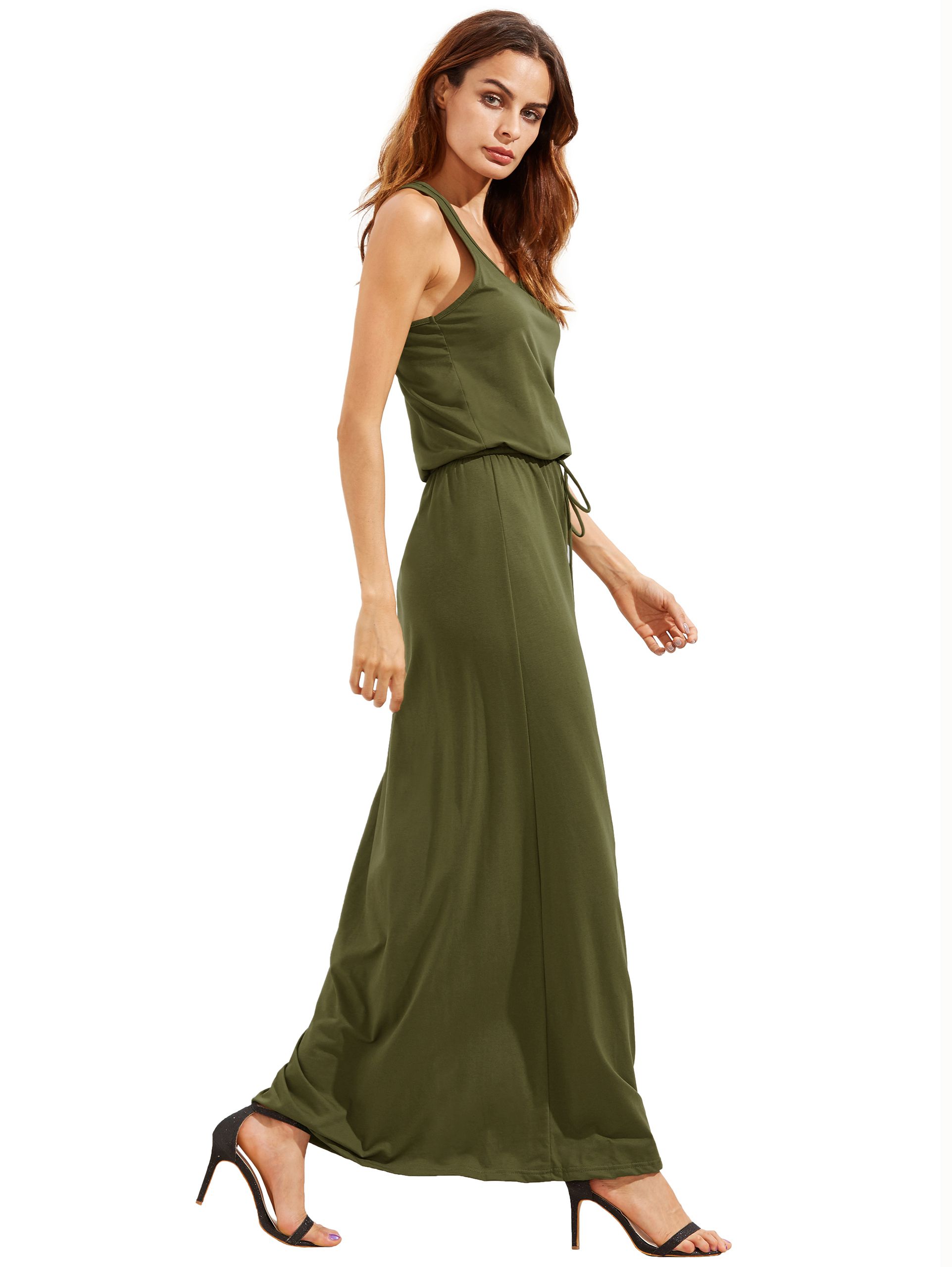 Army Green Self-tie Waist Sleeveless Maxi Dress