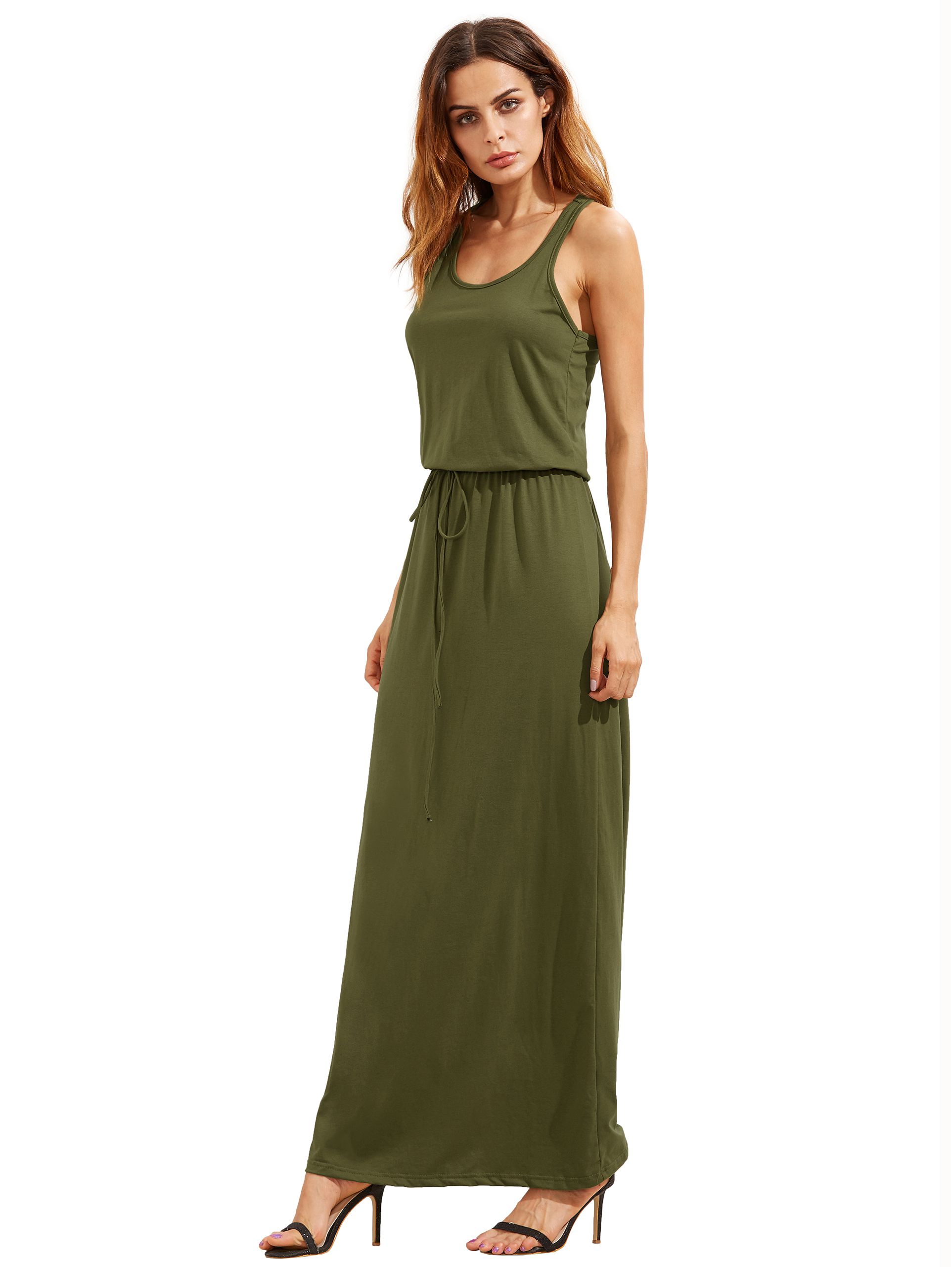 Army Green Self-tie Waist Sleeveless Maxi Dress