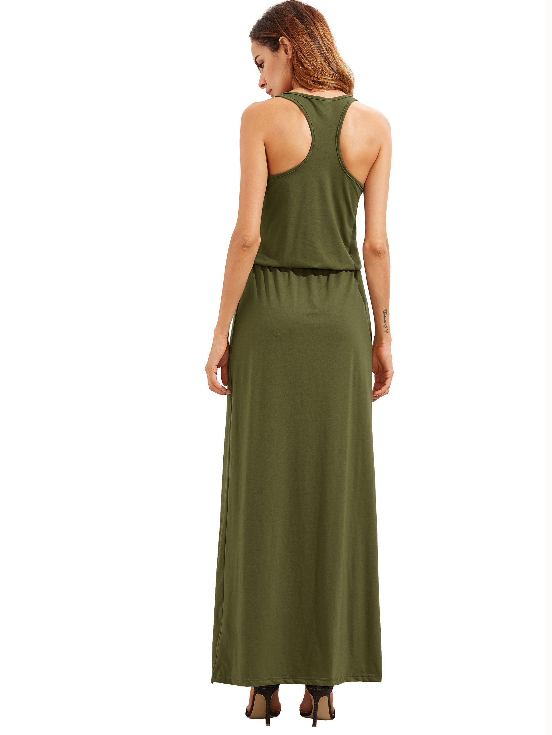 Army Green Self-tie Waist Sleeveless Maxi Dress