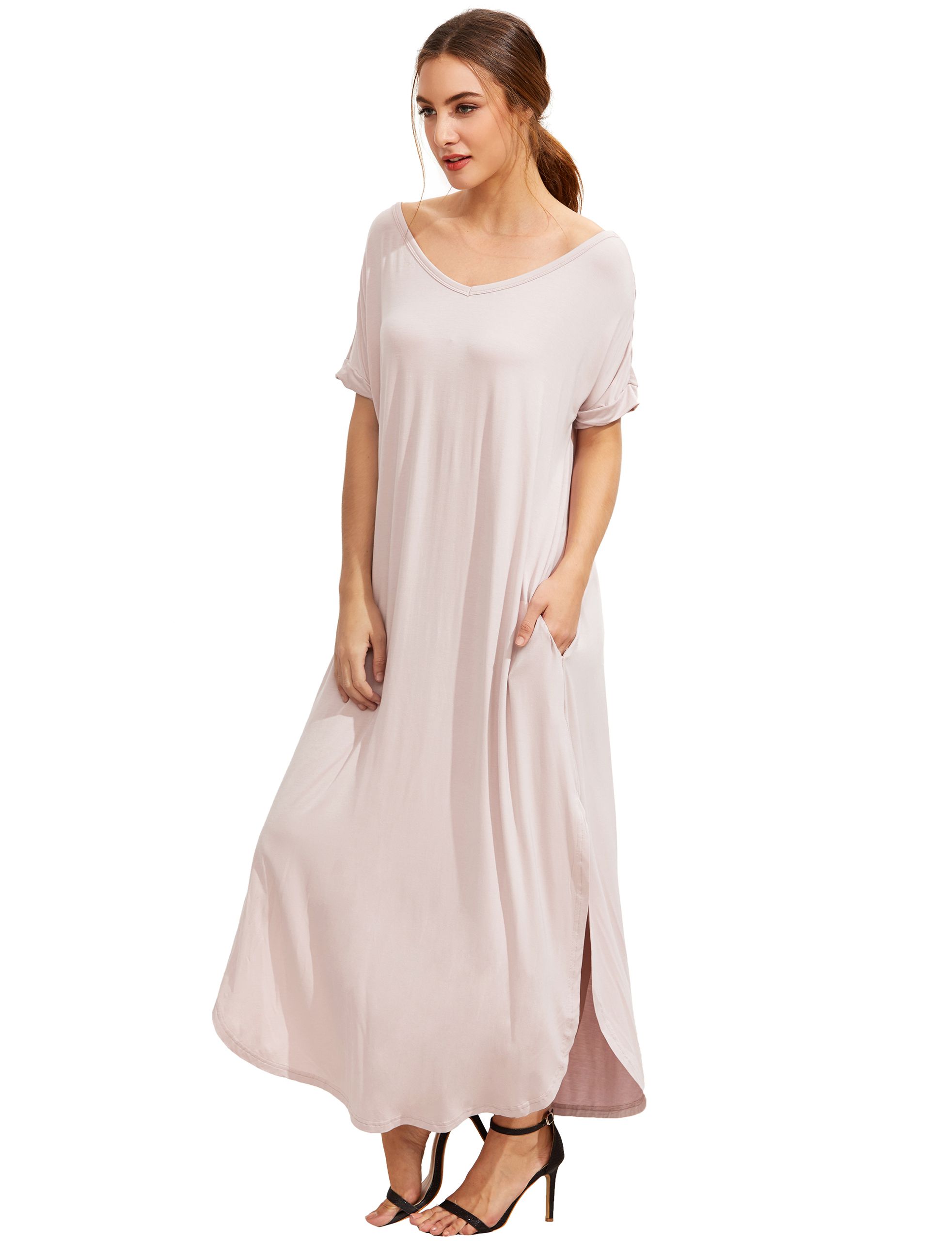 Light Pink Short Sleeve Pocket Split Side Dress