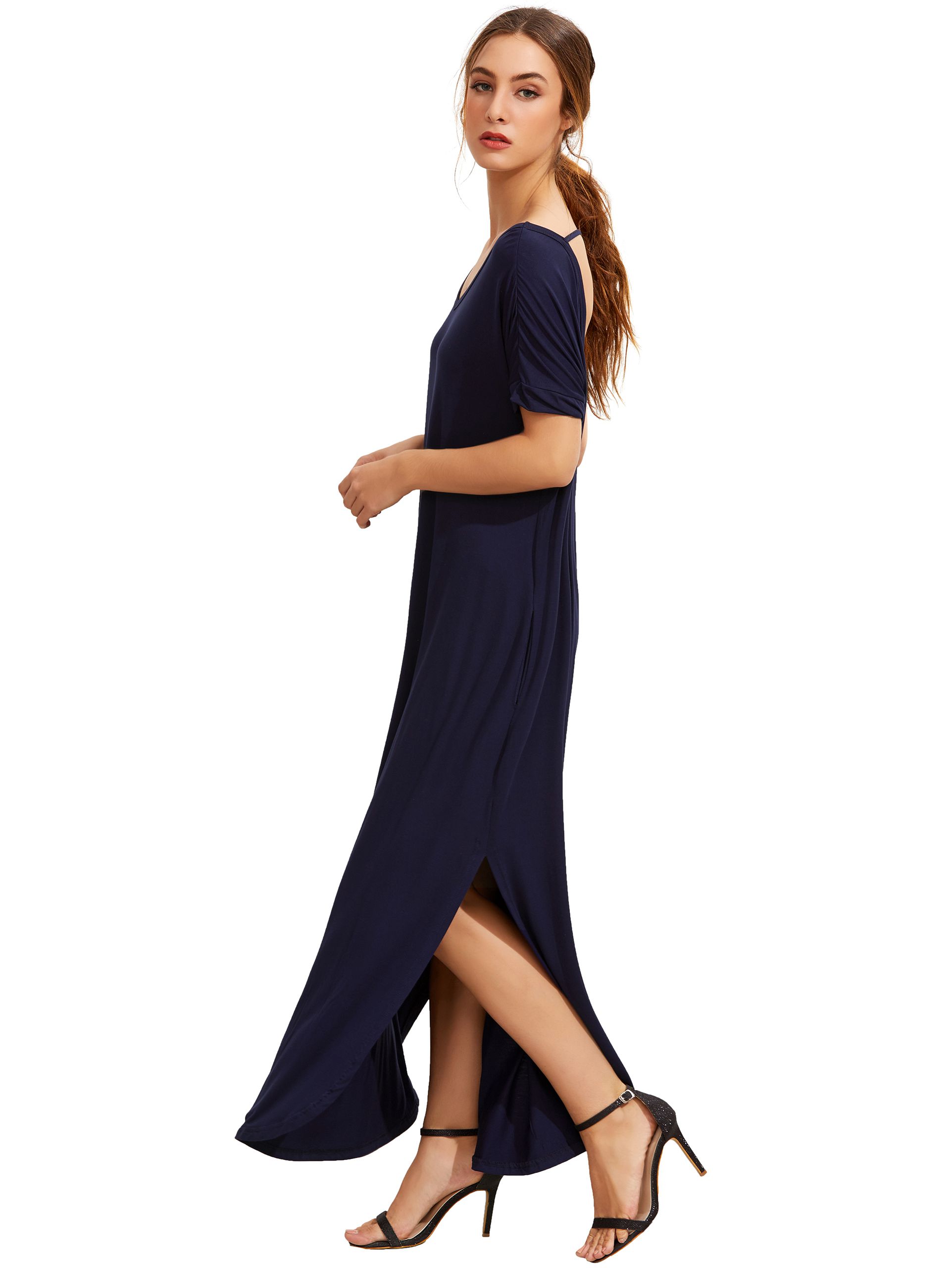 Navy Short Sleeve Pocket Split Side Dress