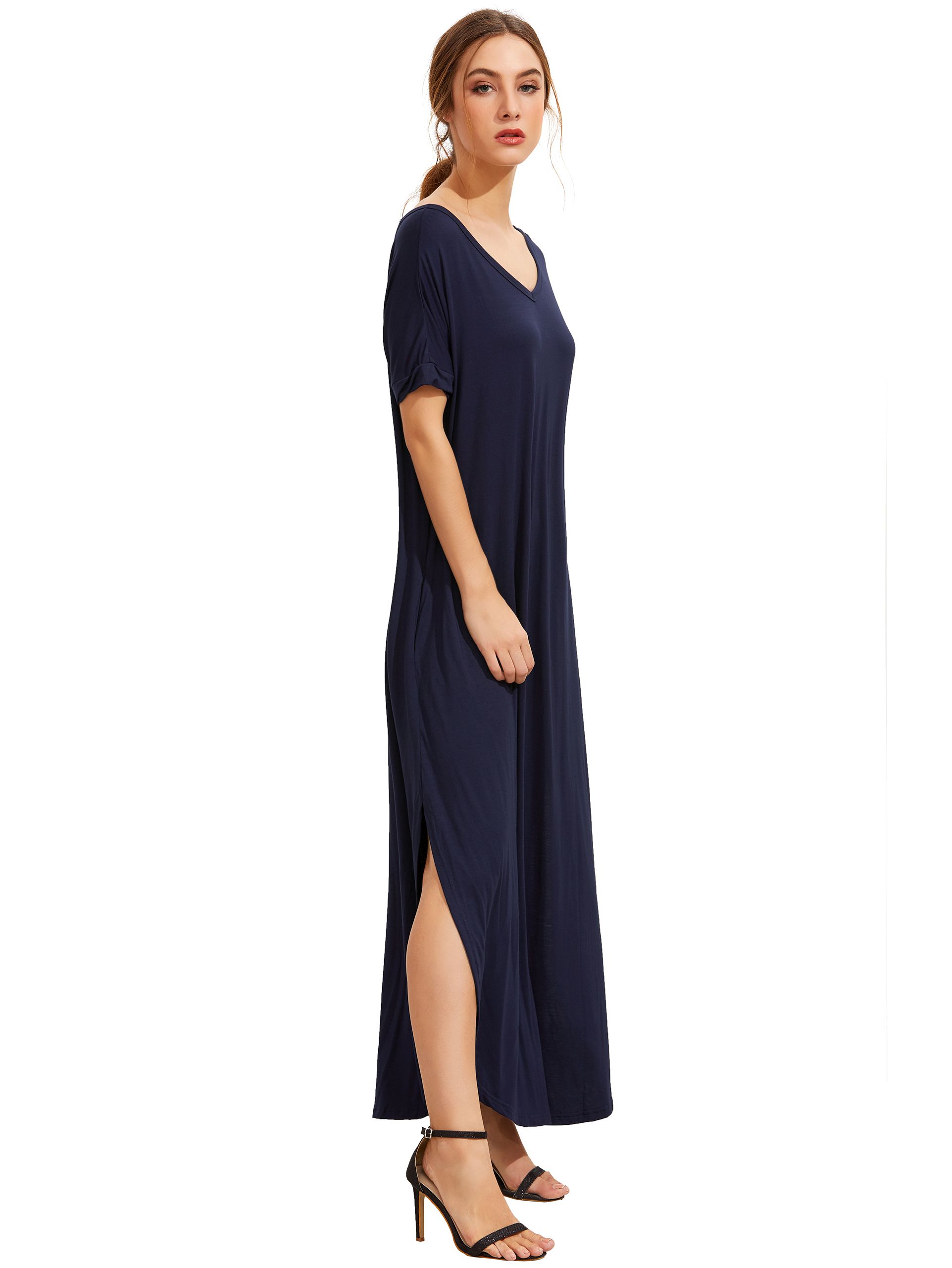 Navy Short Sleeve Pocket Split Side Dress