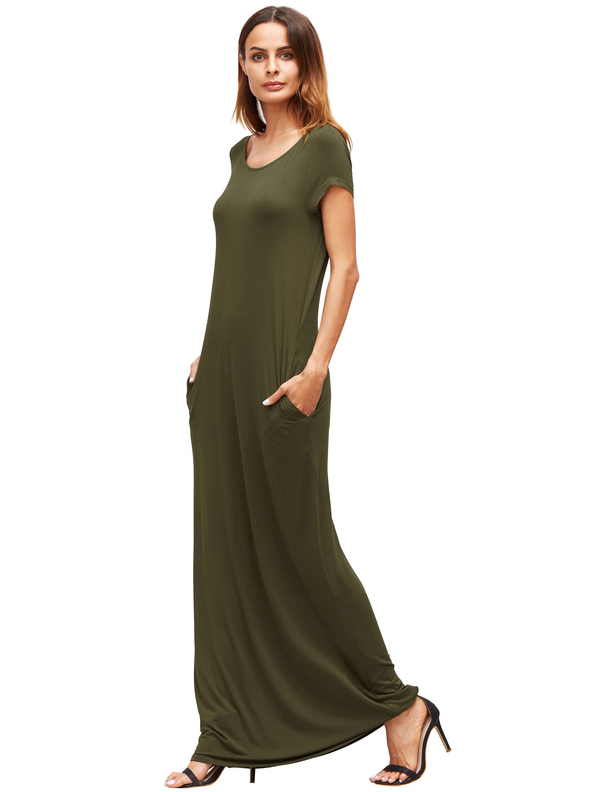 Army Green Pocket Short Sleeve Maxi Dress