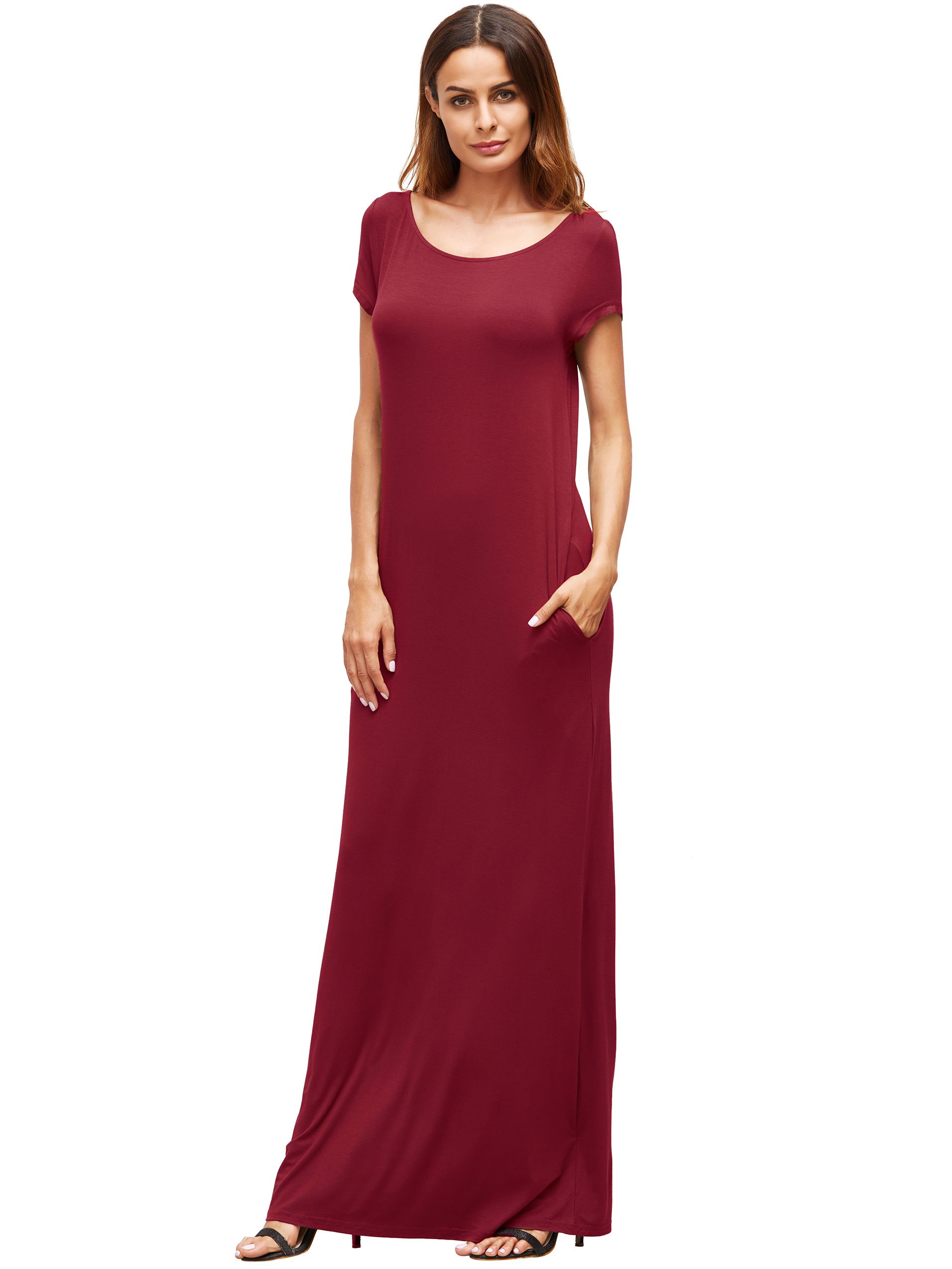 Red Pocket Short Sleeve Maxi Dress