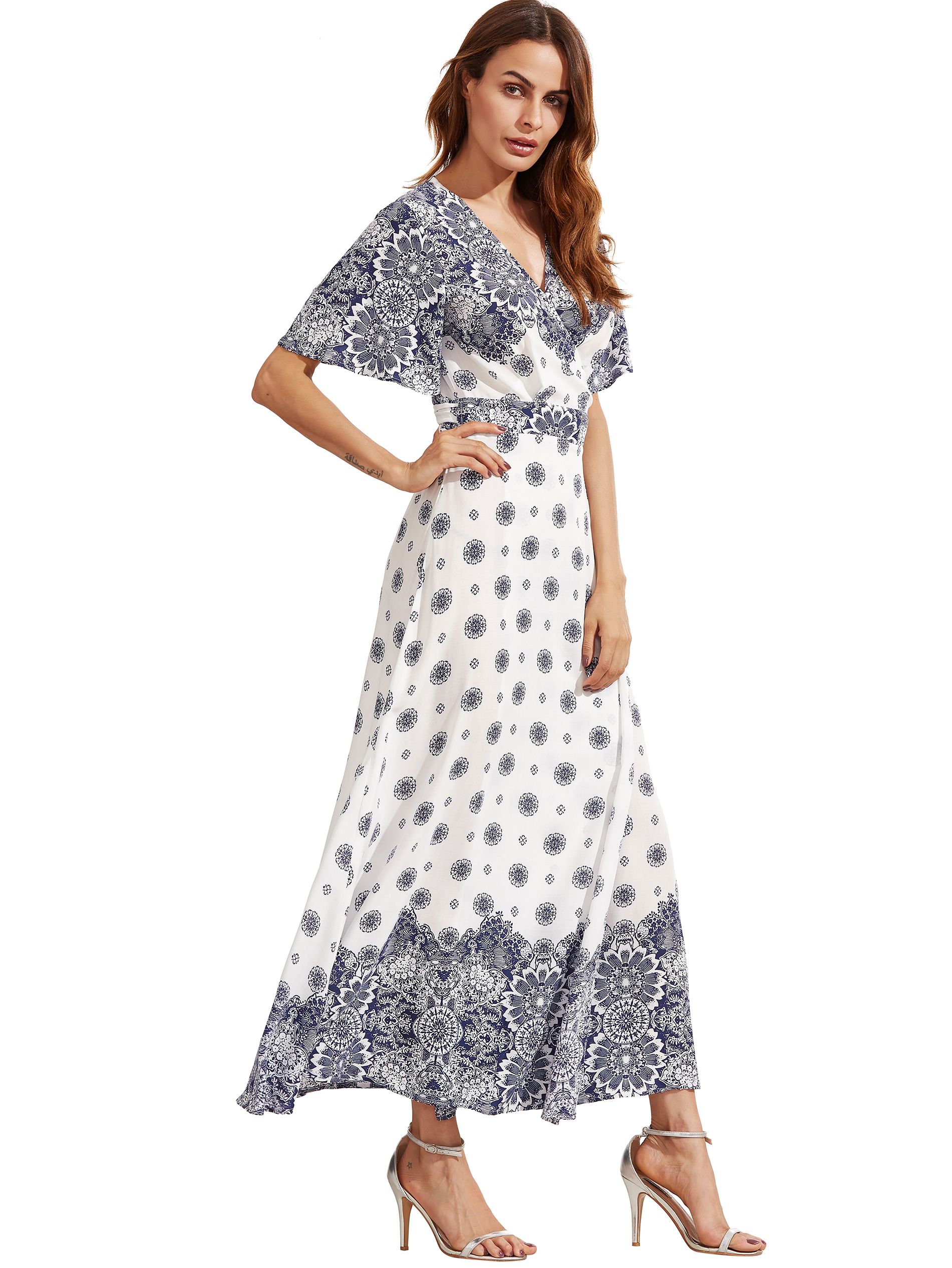 White Print V Neck Half Sleeve Split Dress