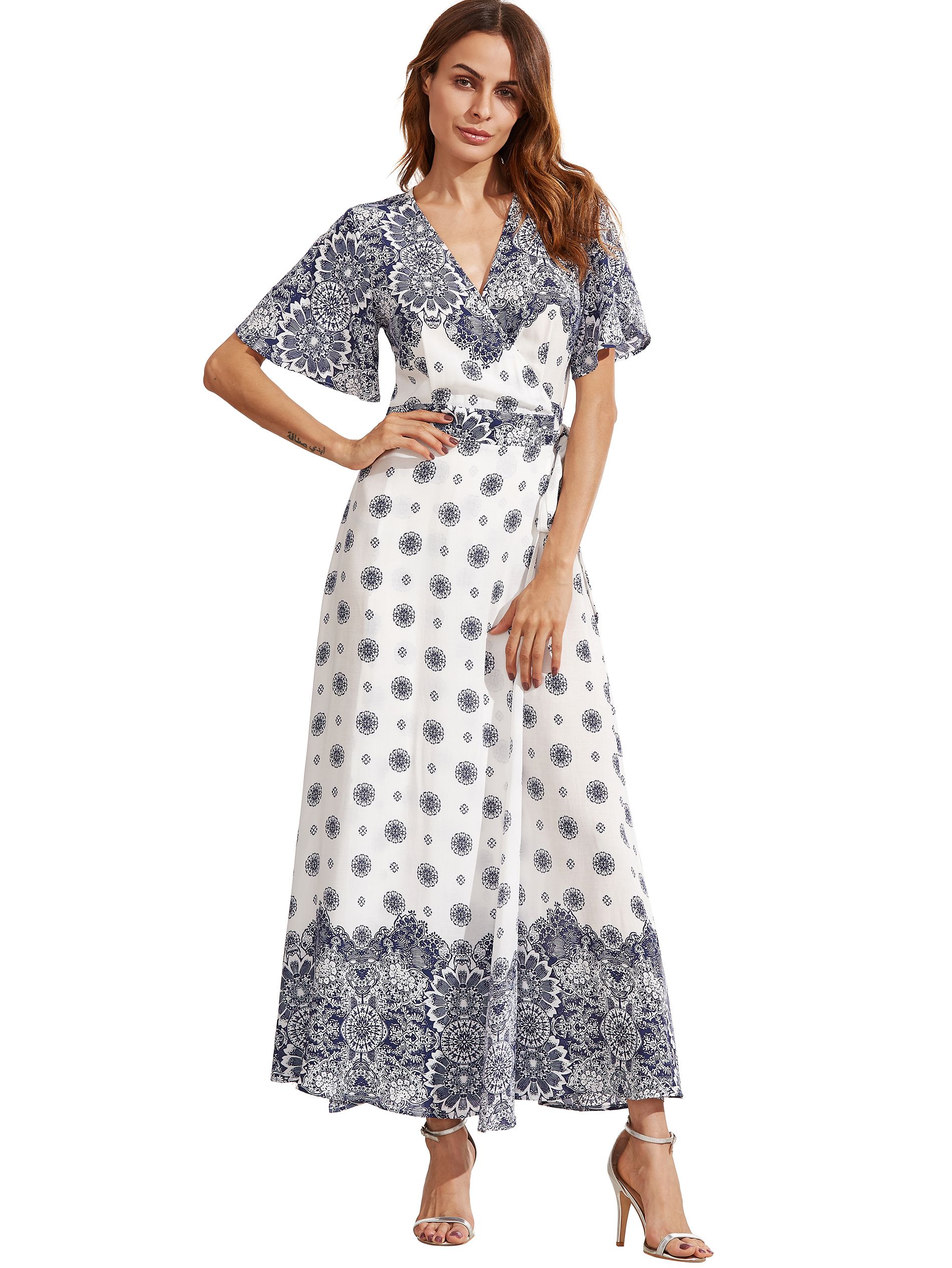 White Print V Neck Half Sleeve Split Dress