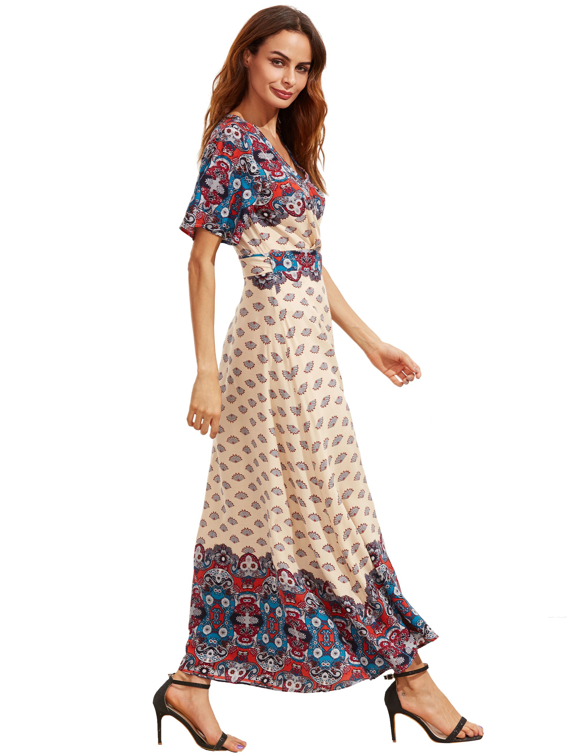 Apricot Print V Neck Half Sleeve Split Dress