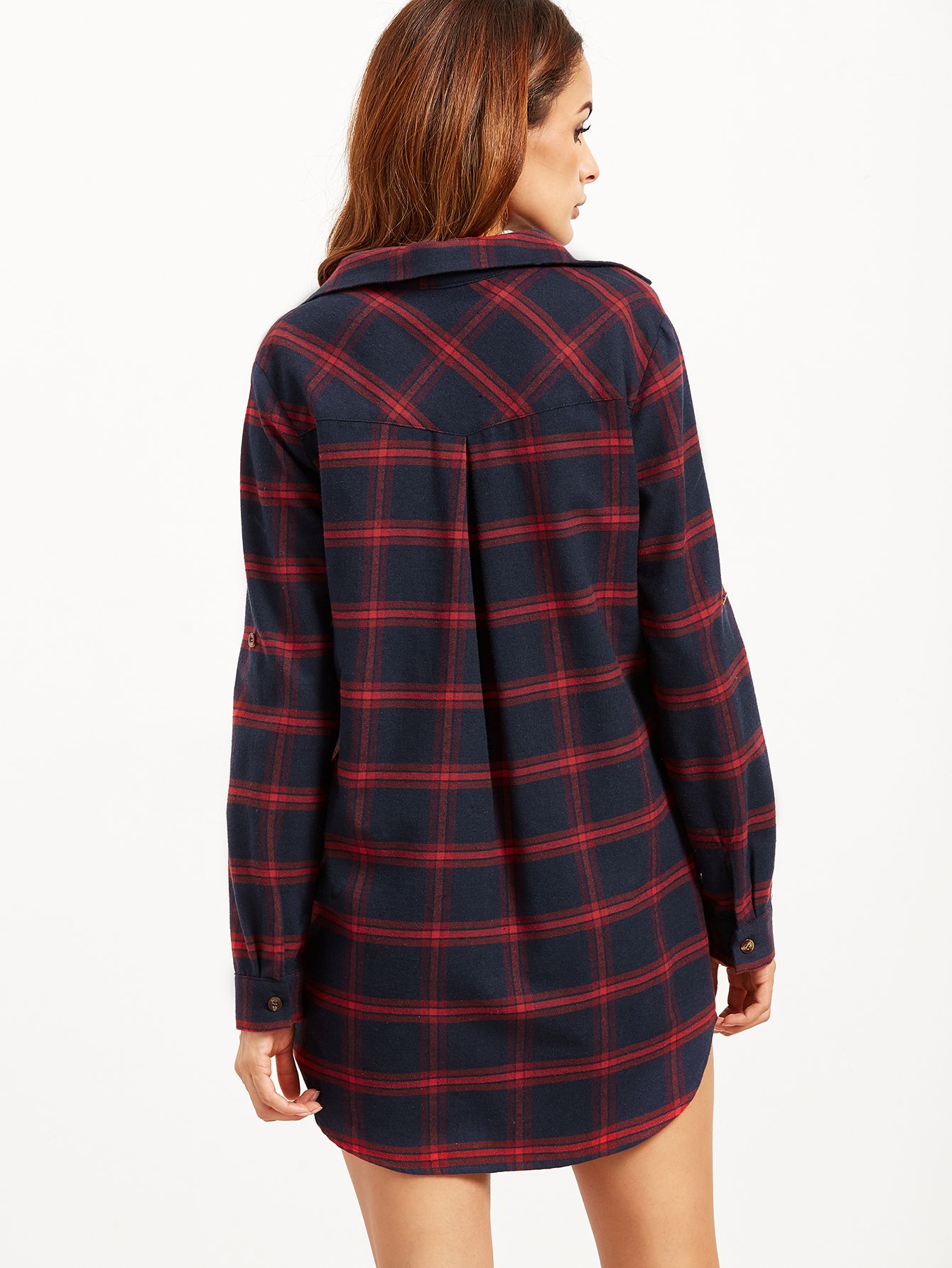 Navy Plaid Roll Tab Sleeve Half Placket Shirt Dress