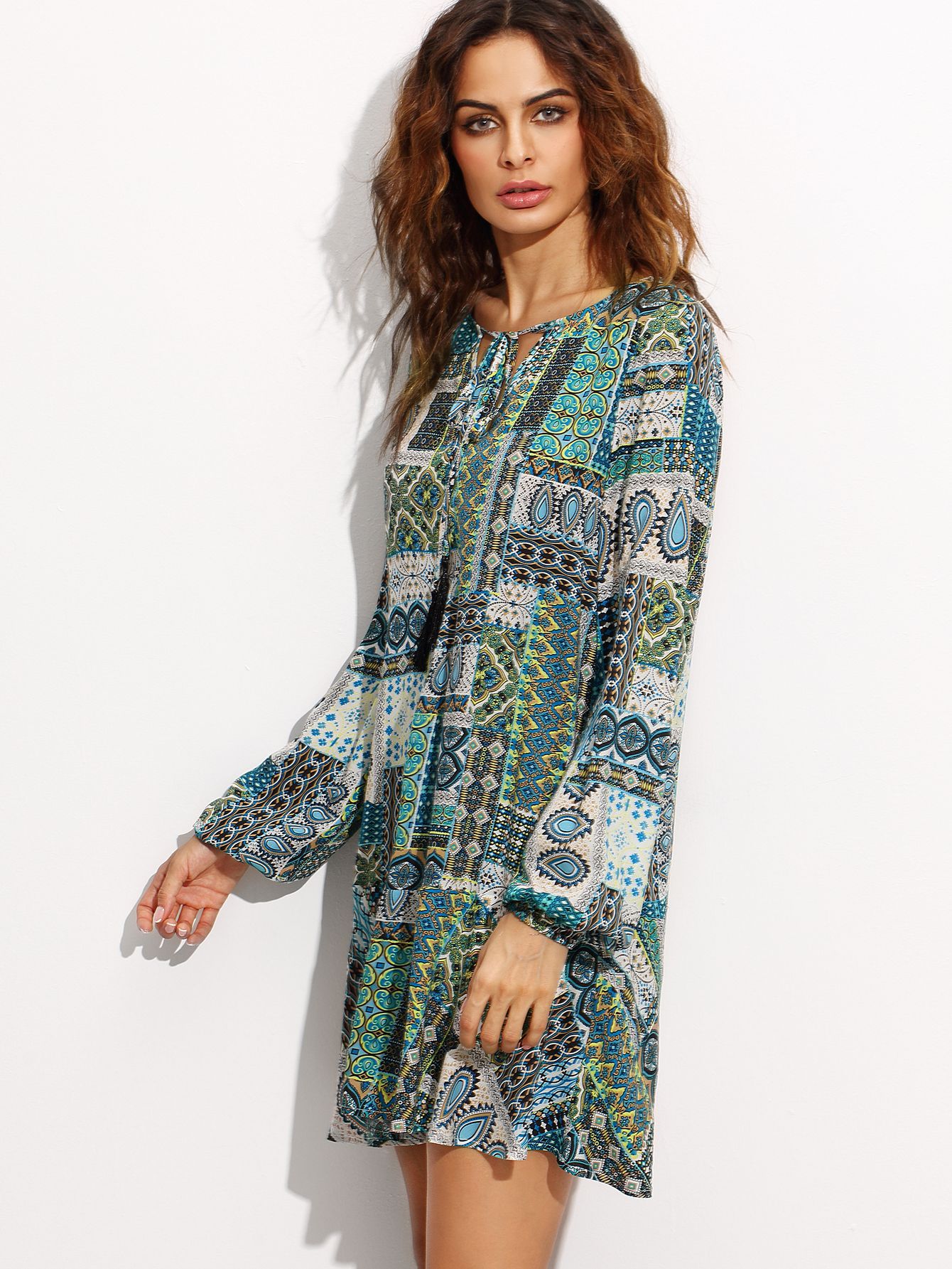 Green Ornate Patchwork Print Tie Neck Tunic Dress