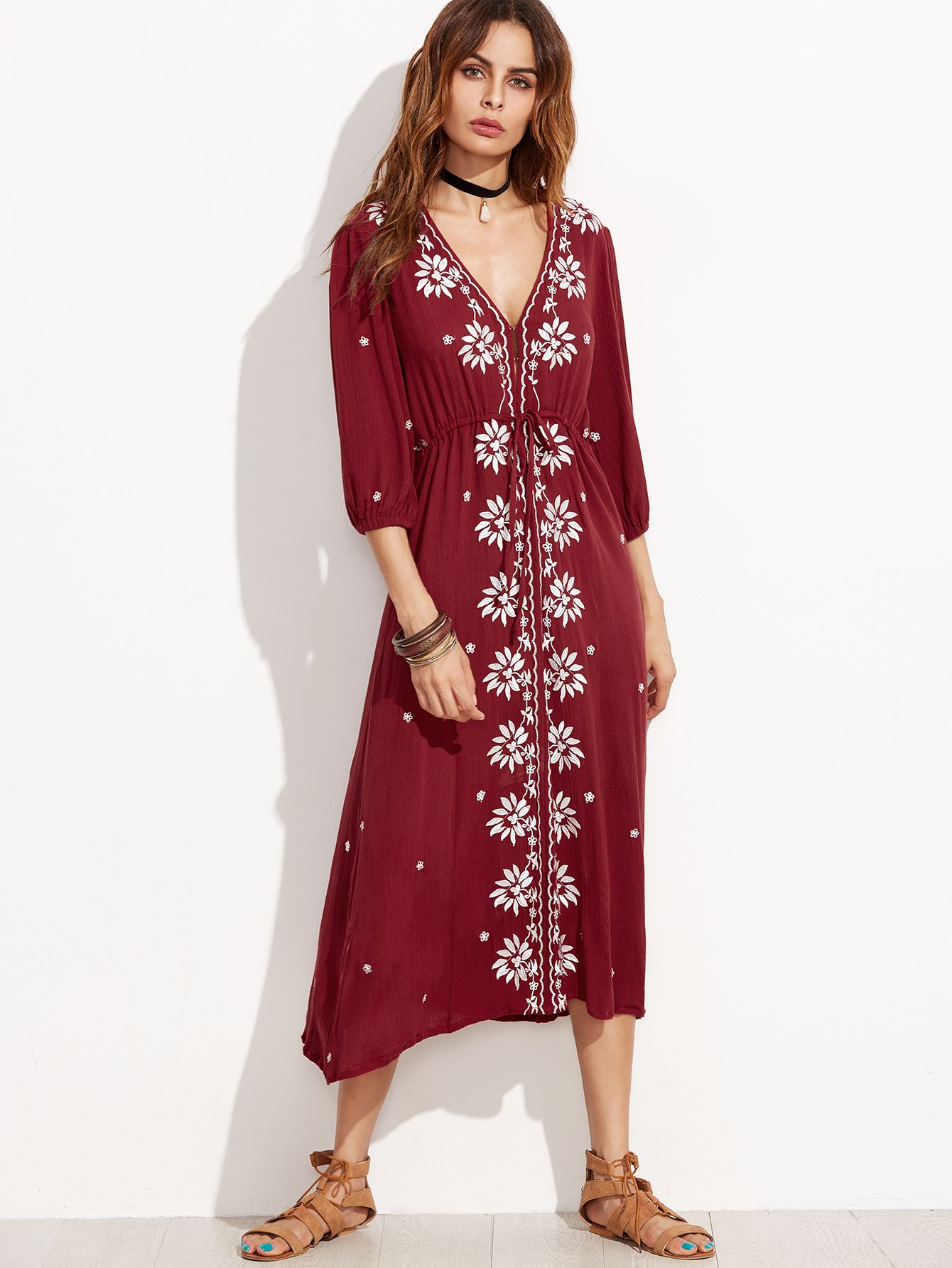 Burgundy Drawstring Waist Embroidered Peasant Dress