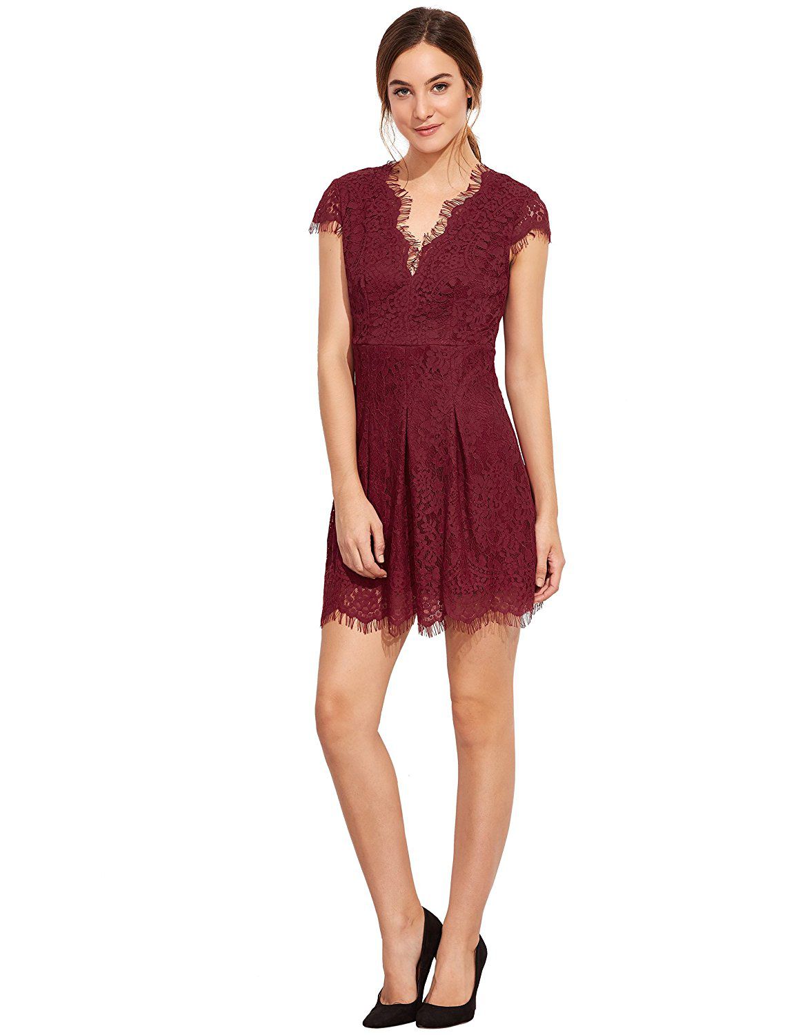 Burgundy Deep V Neck Cap Sleeve Lace Dress