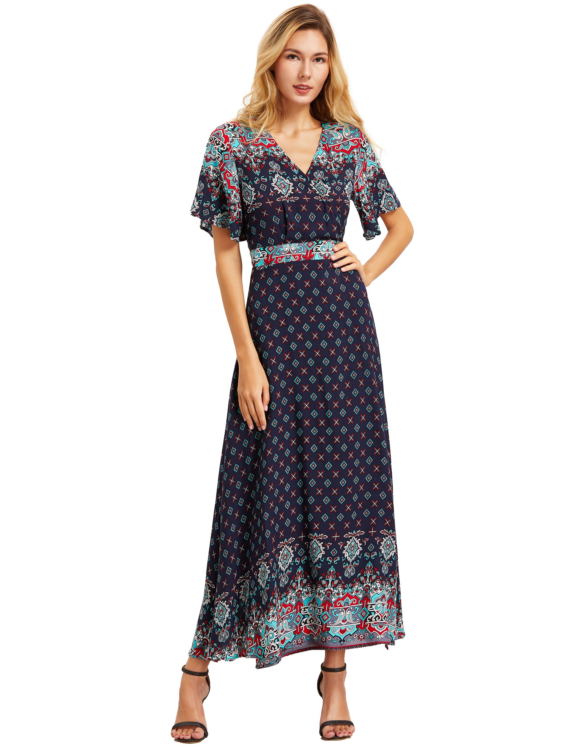 Green Print V Neck Half Sleeve Split Dress