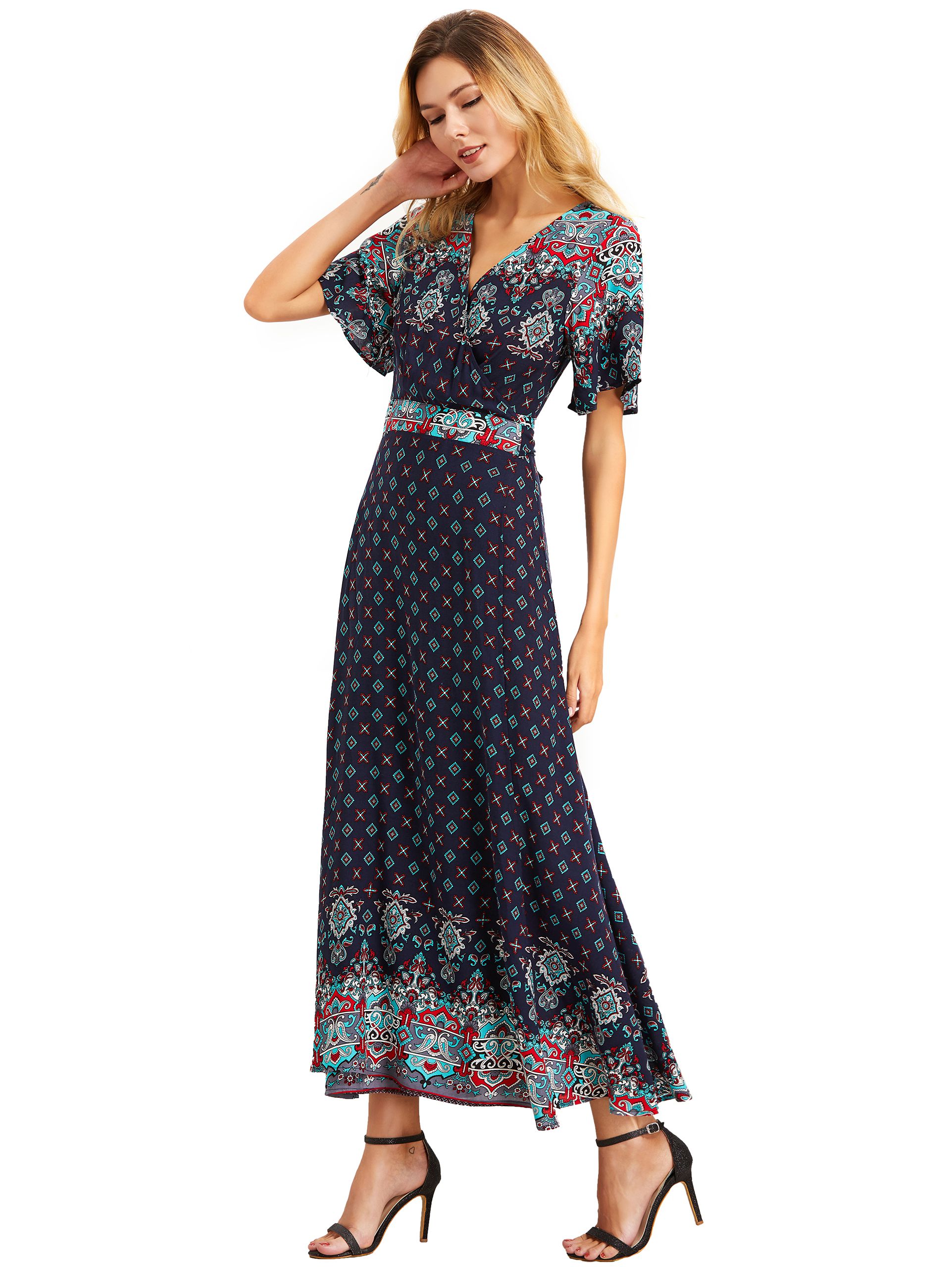 Green Print V Neck Half Sleeve Split Dress