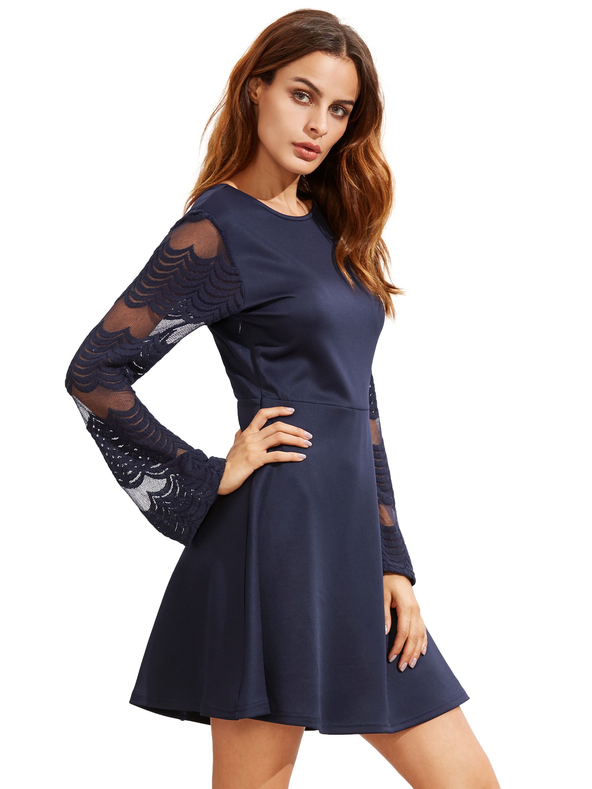 Navy Long Sleeve Backless Dress