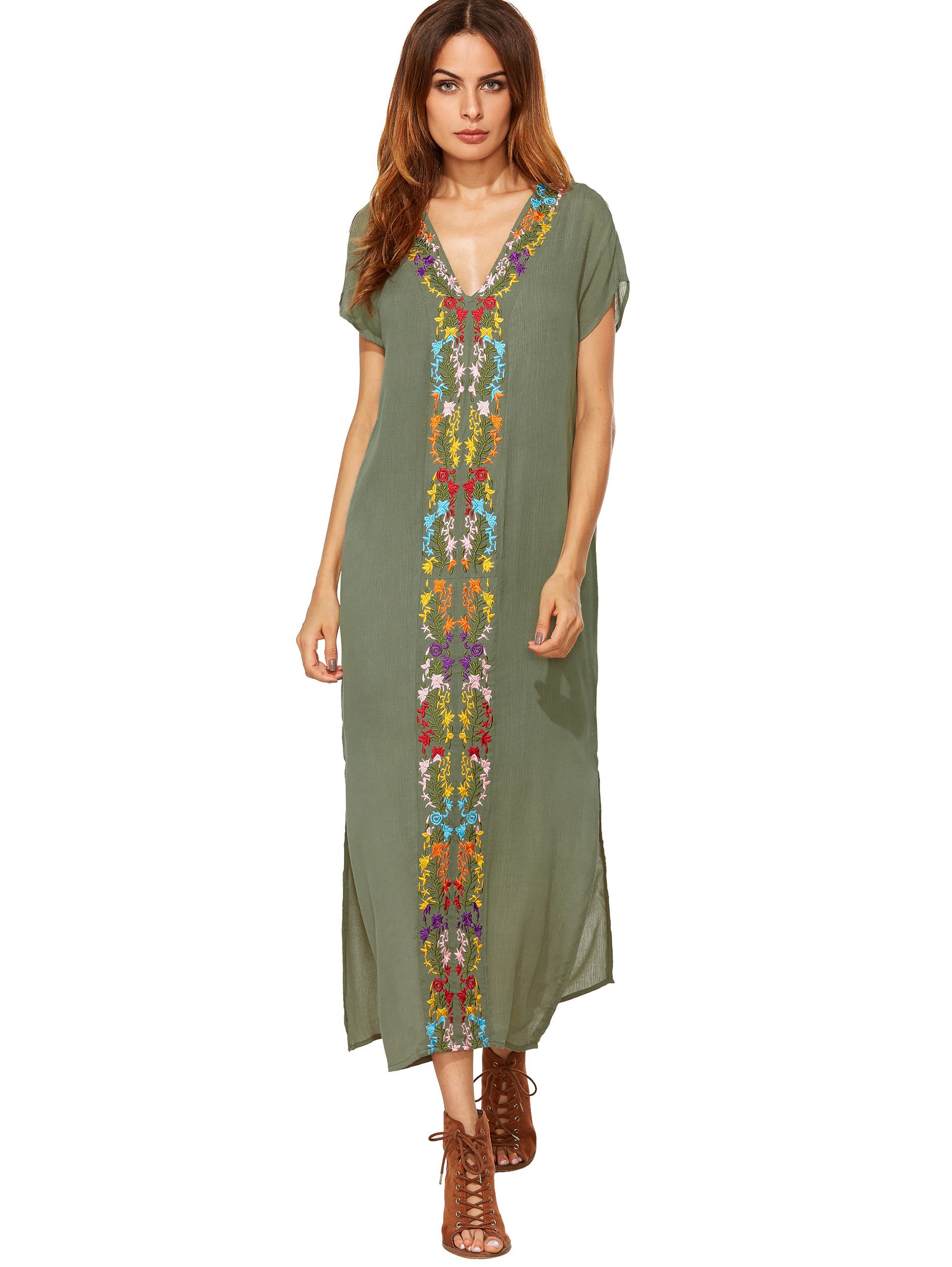 Army Green Placement Print Split Side Maxi Dress