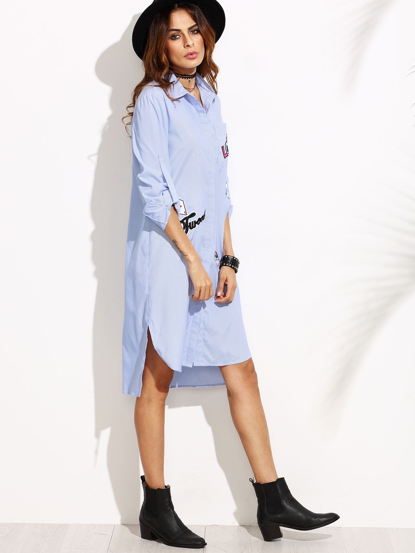 Blue Striped Hidden Button Shirt Dress With Lovely Patch