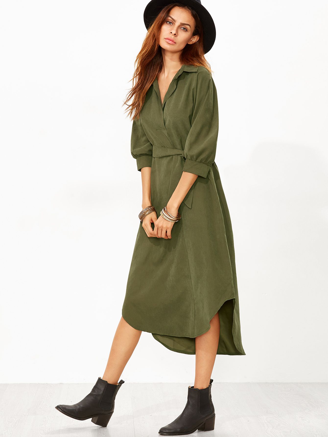 Army Green Dip Hem Belt Shirt Dress