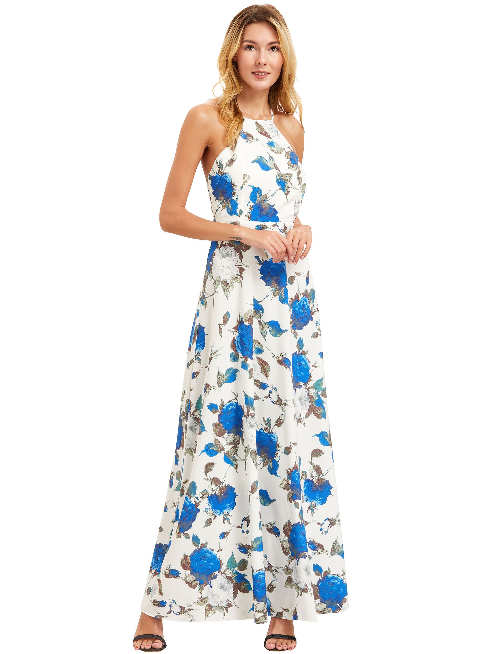 White Floral Print Halter Neck Maxi Dress