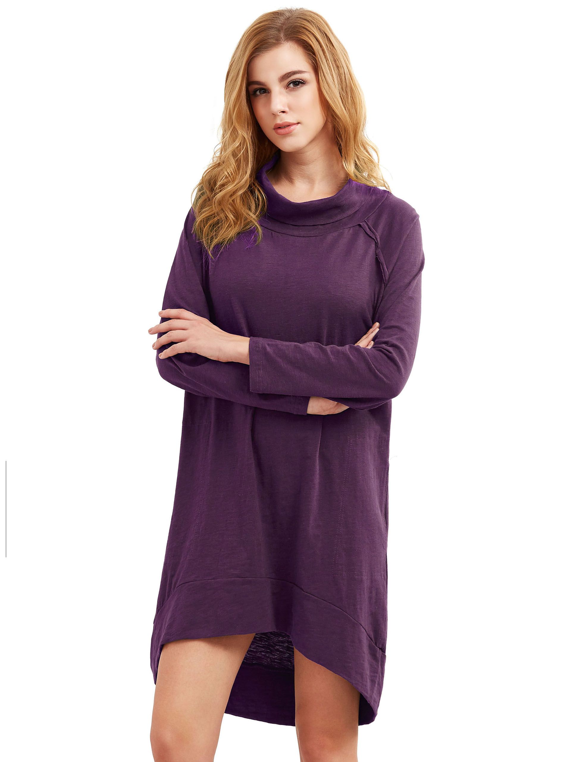 Purple Cowl Neck Long Sleeve High Low Dress