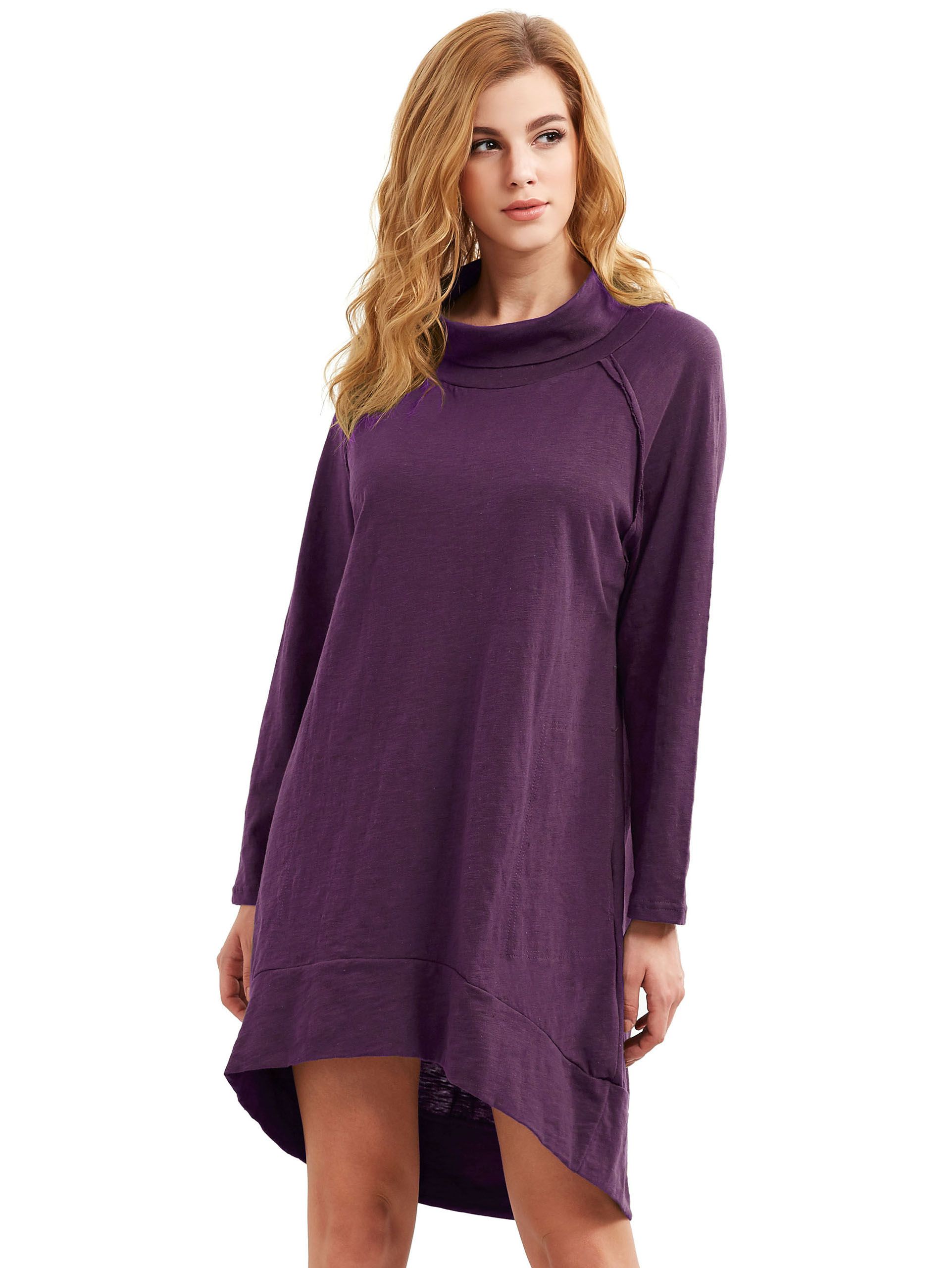 Purple Cowl Neck Long Sleeve High Low Dress