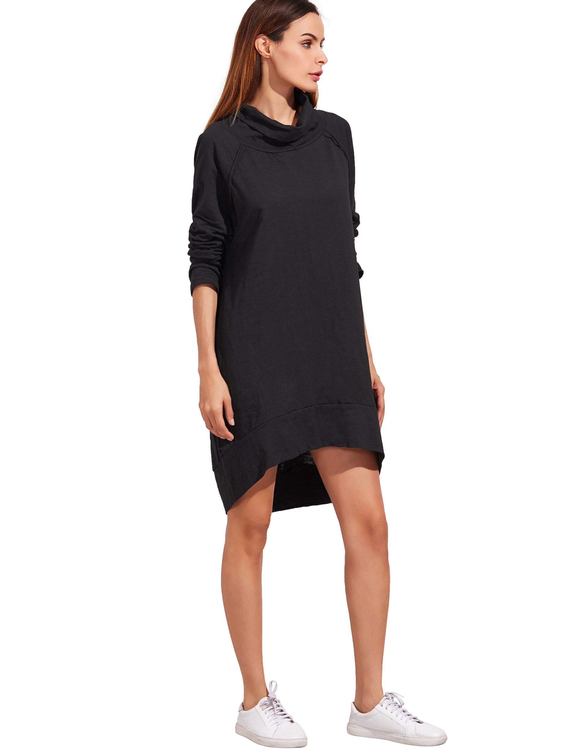 Black Cowl Neck Long Sleeve High Low Dress