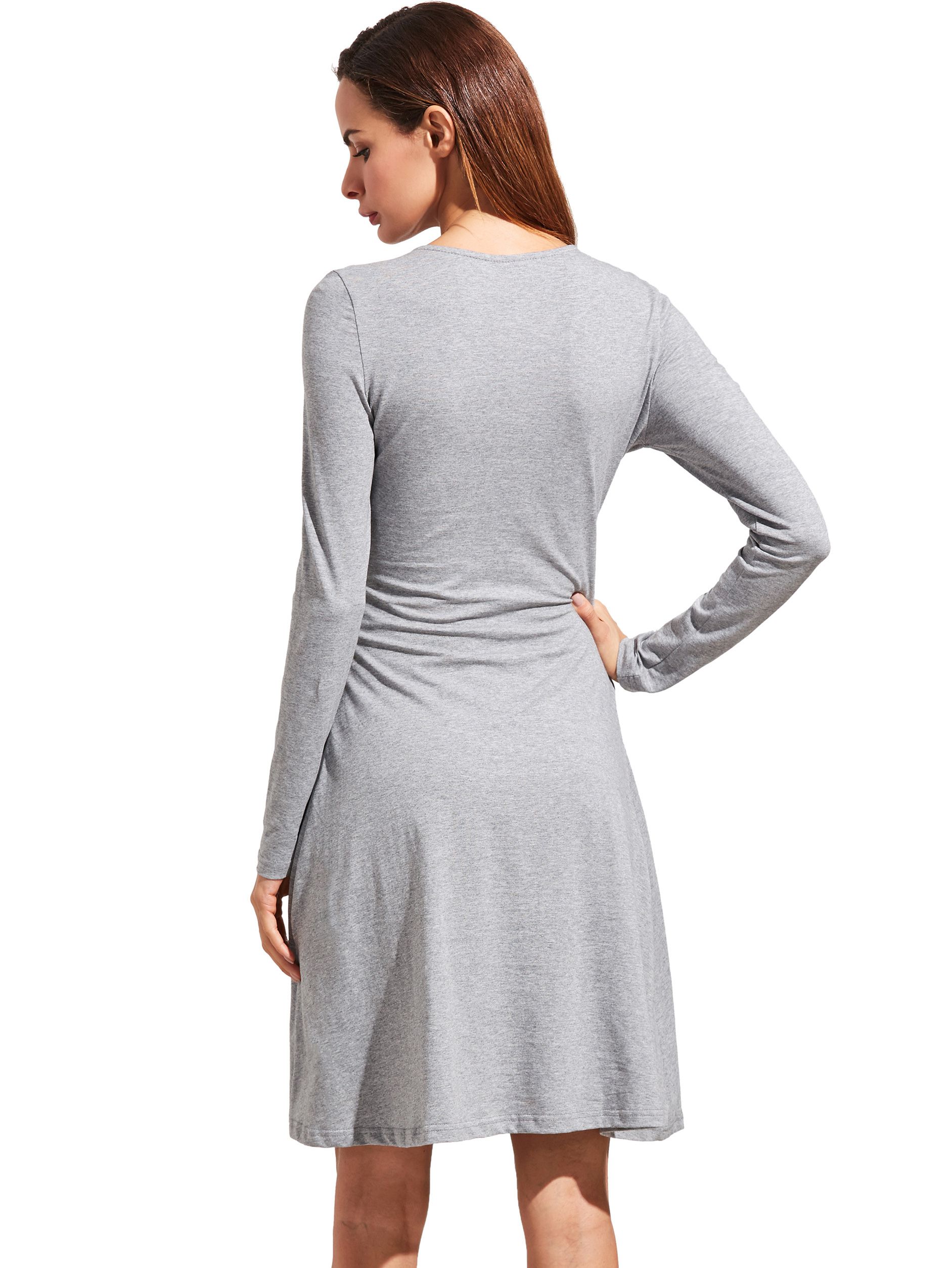 Grey V Neck Long Sleeve Ruched Dress