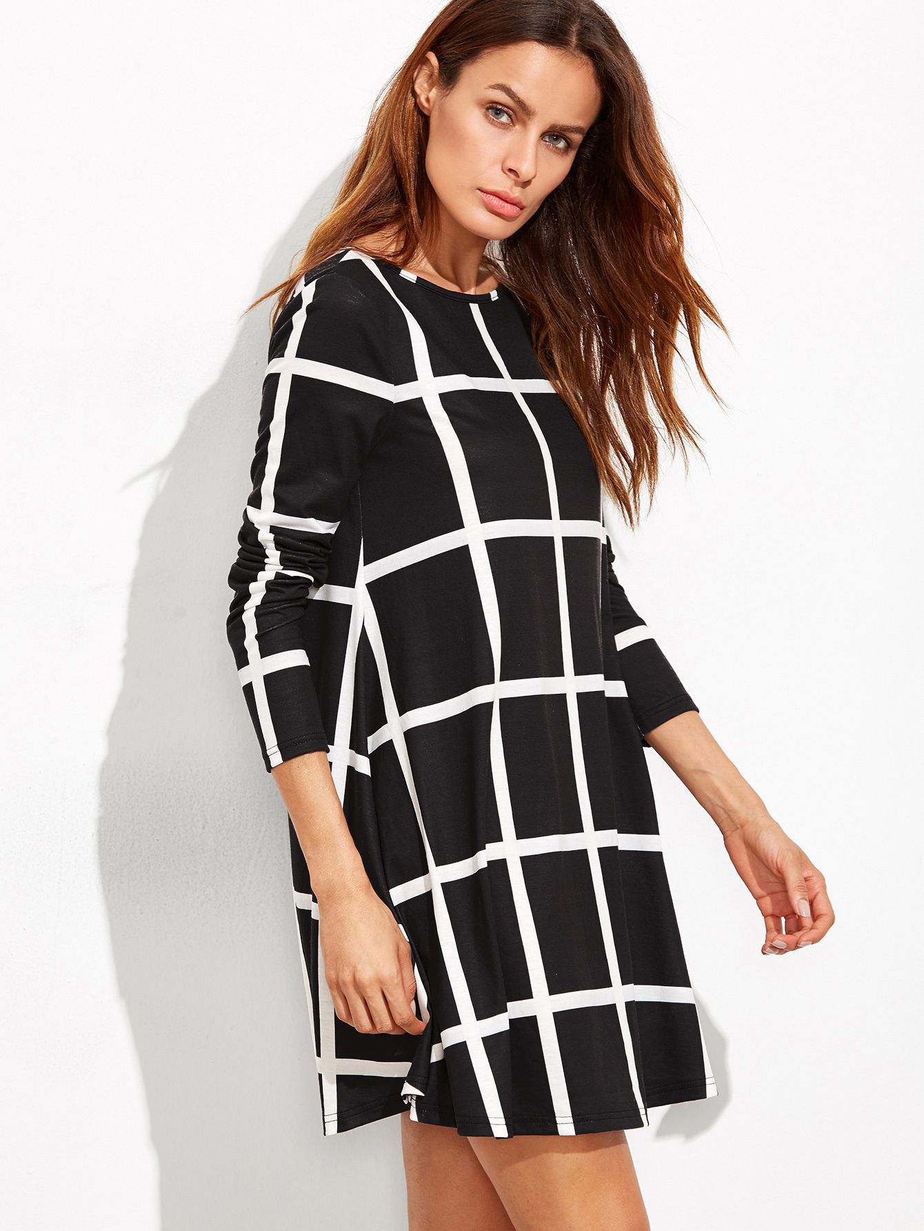 Black Grid Long Sleeve Swing Dress