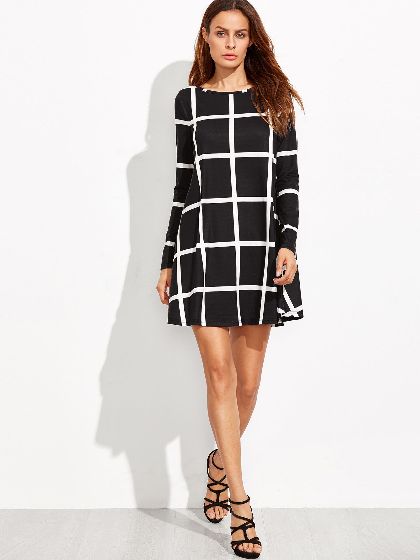 Black Grid Long Sleeve Swing Dress