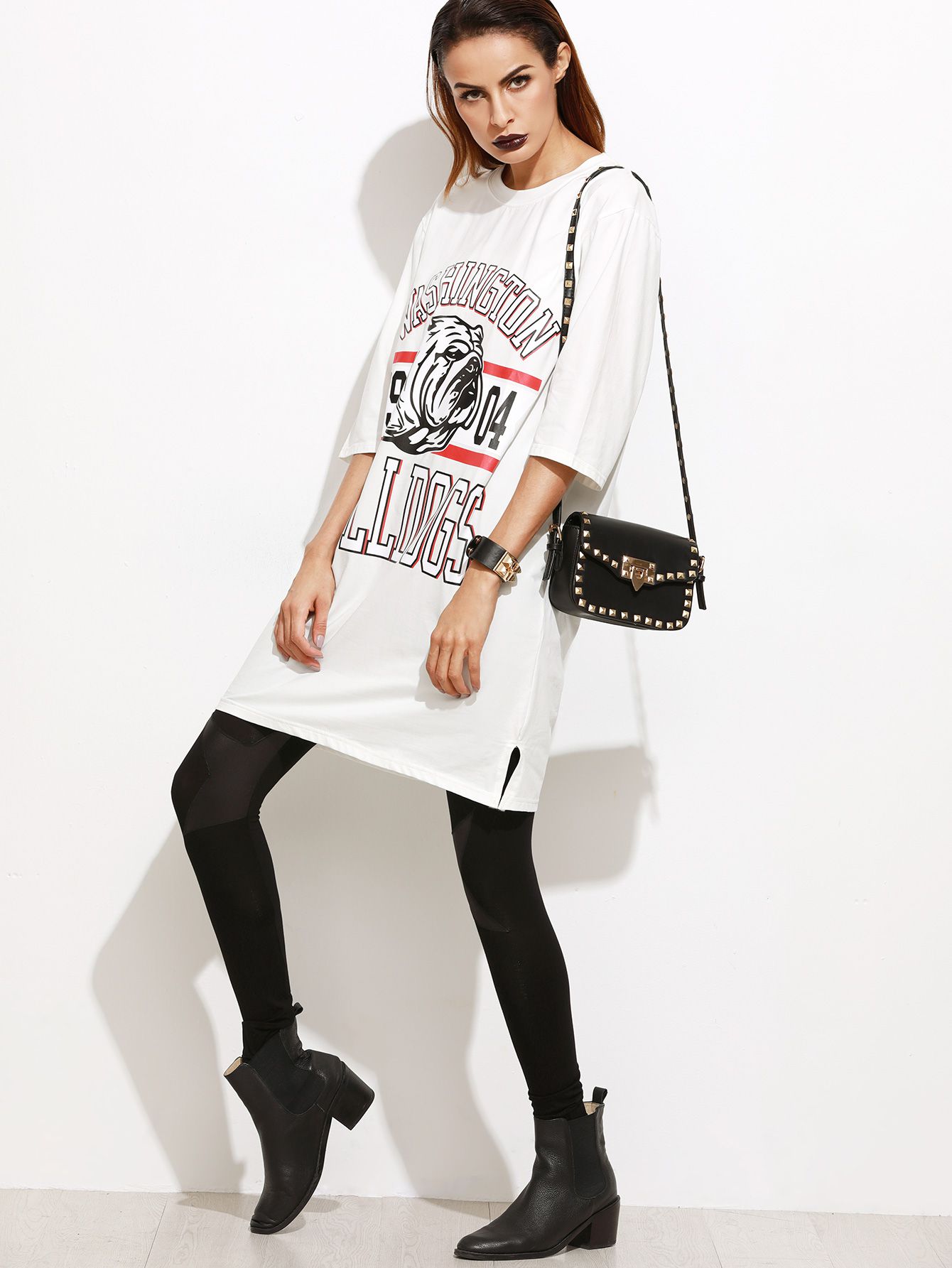 White Varsity Print Slit Side Tee Dress