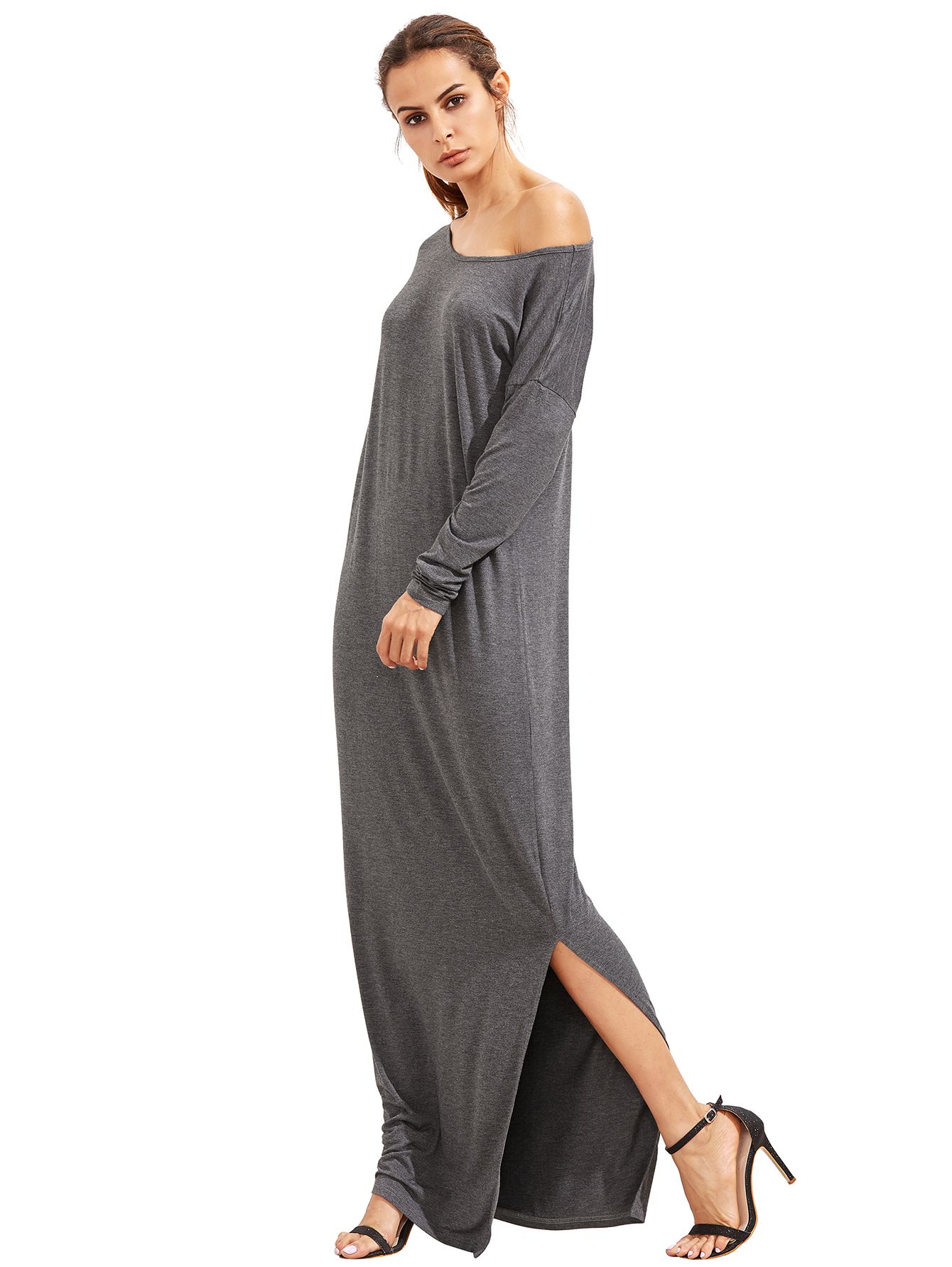 Dark Grey Oblique Shoulder Boatneck Bat Sleeve Slit Dress