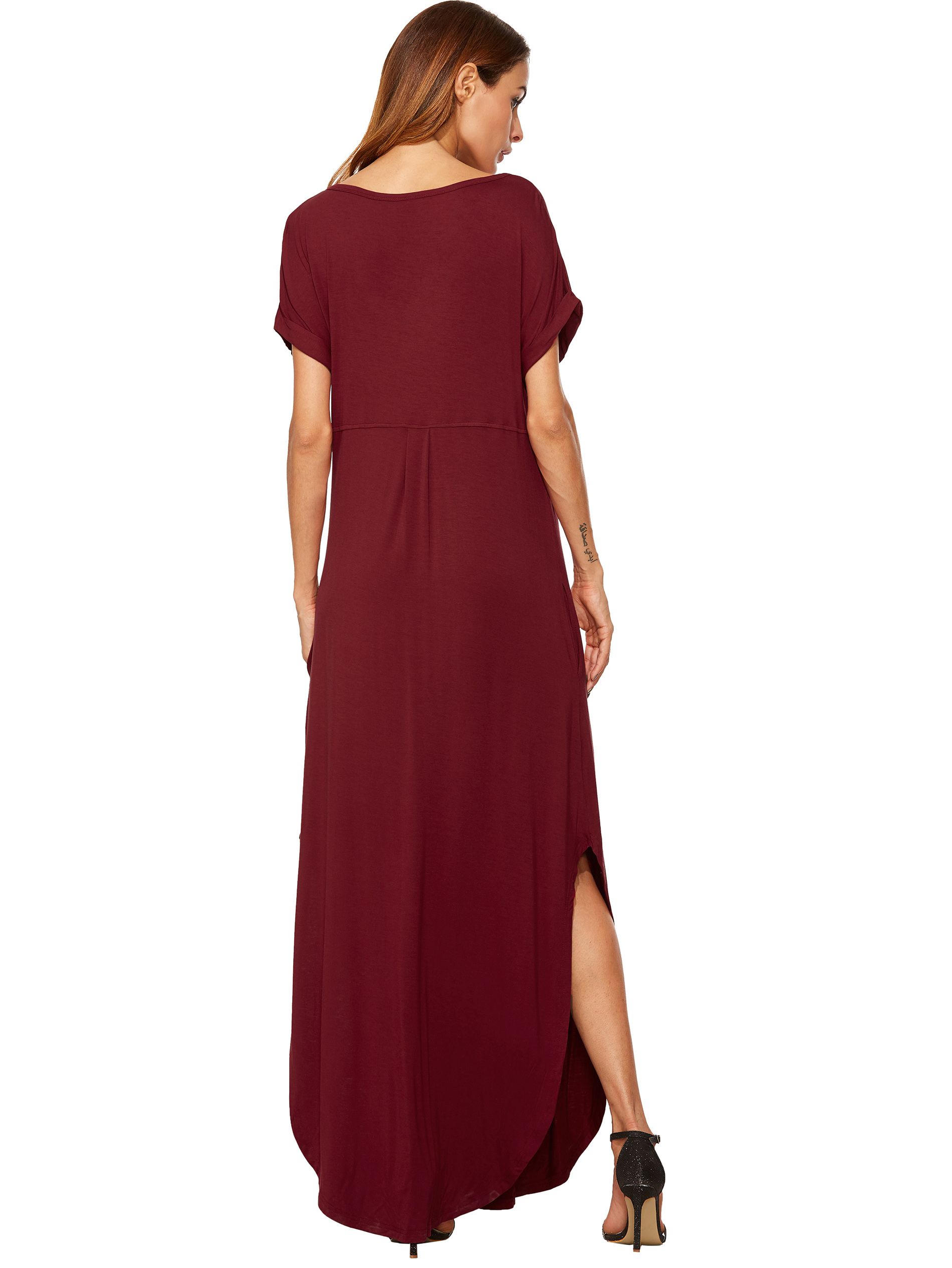 Red Rolled-cuff Pockets Split Maxi Dress