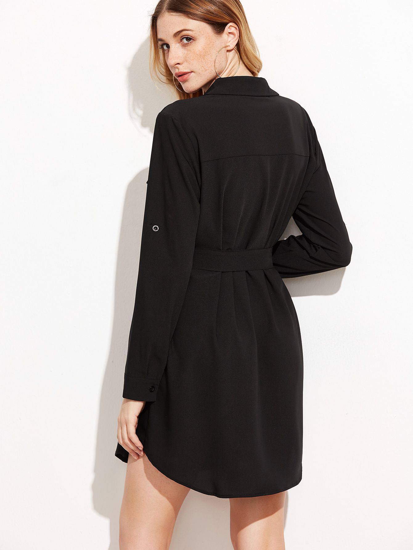 Black Roll Tab Sleeve Self Tie Shirt Dress