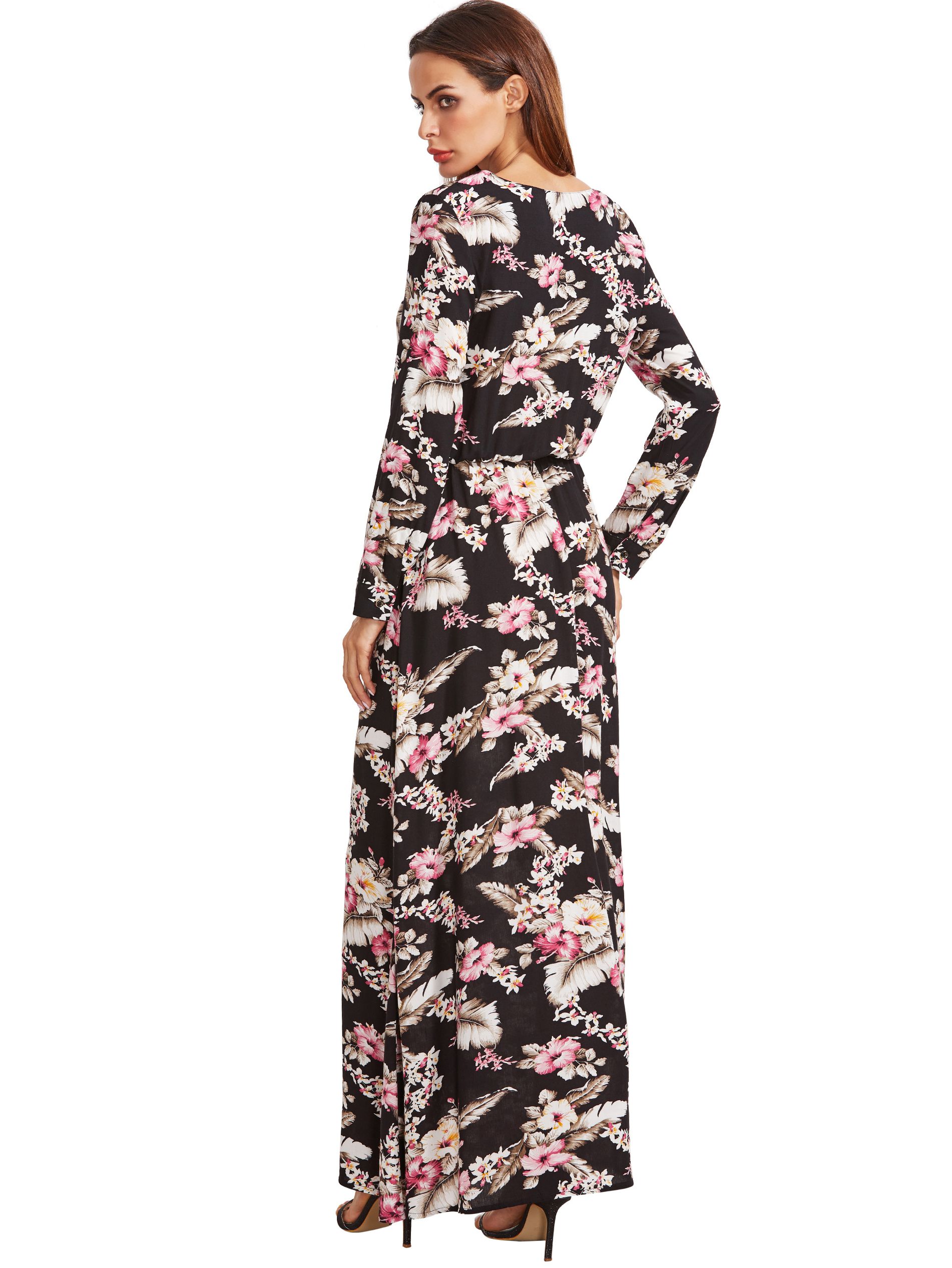 Black Blossom Print Buttoned Front Dress