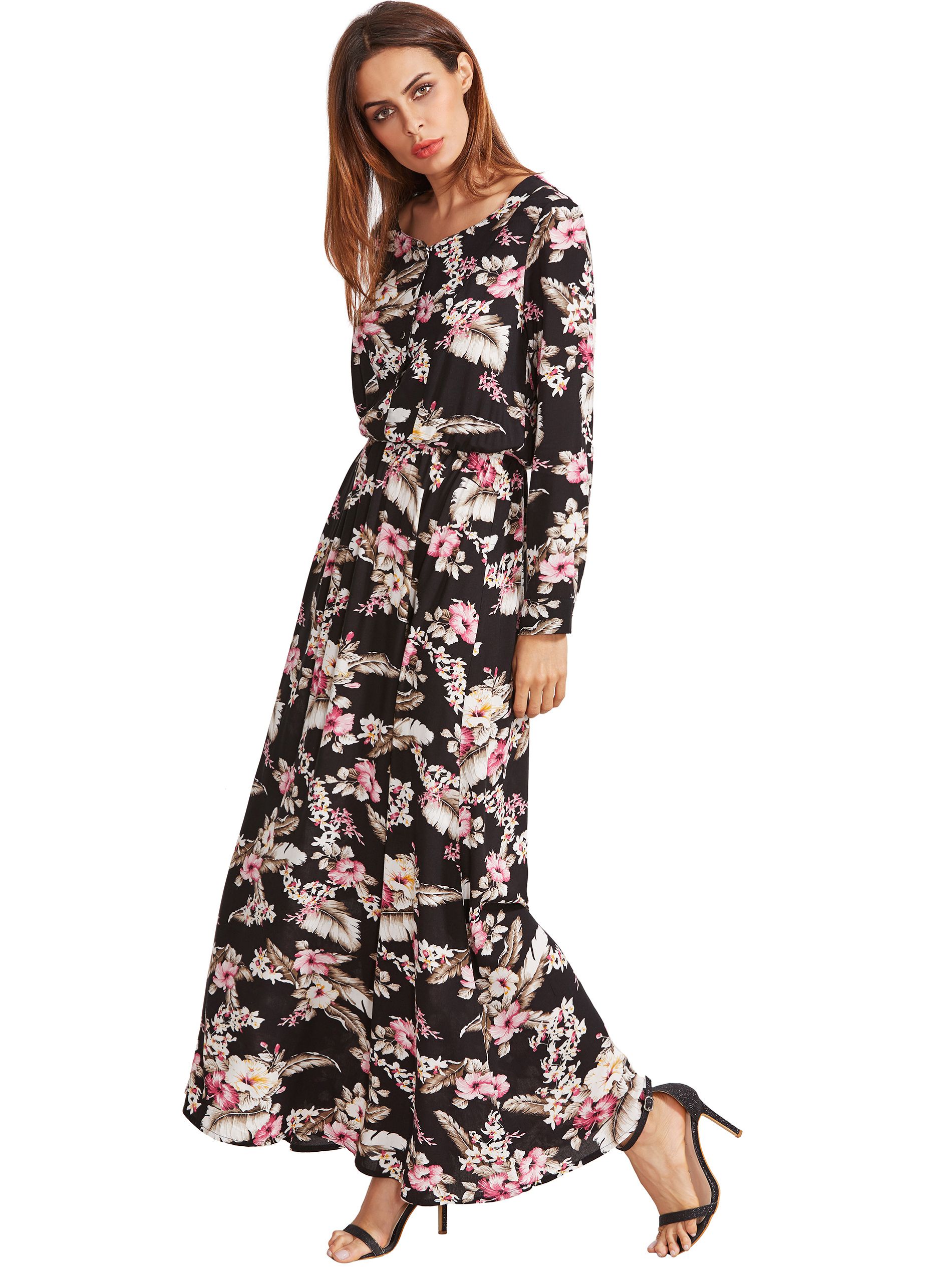 Black Blossom Print Buttoned Front Dress