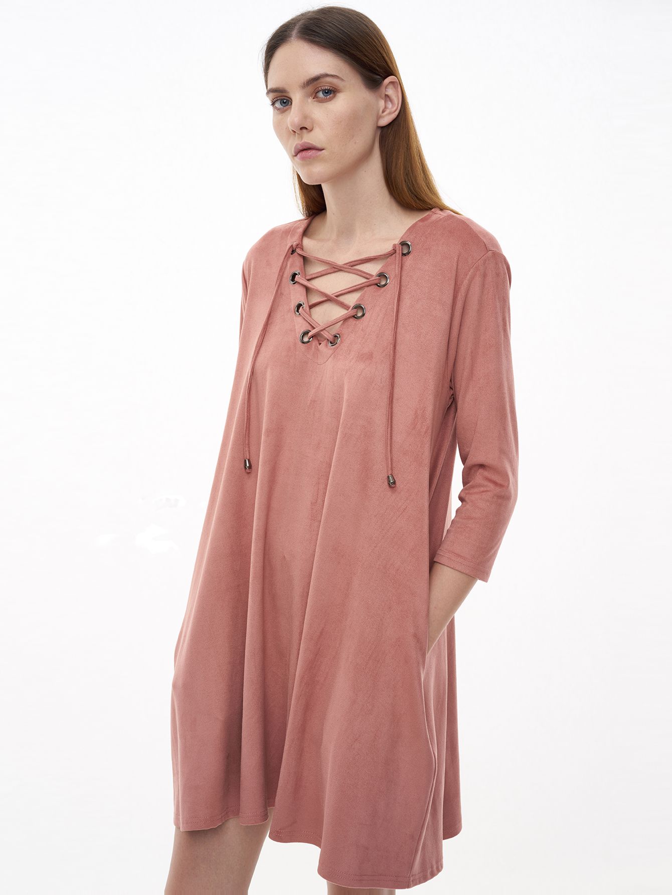 Pink Eyelet Lace Up Suede Shift Dress