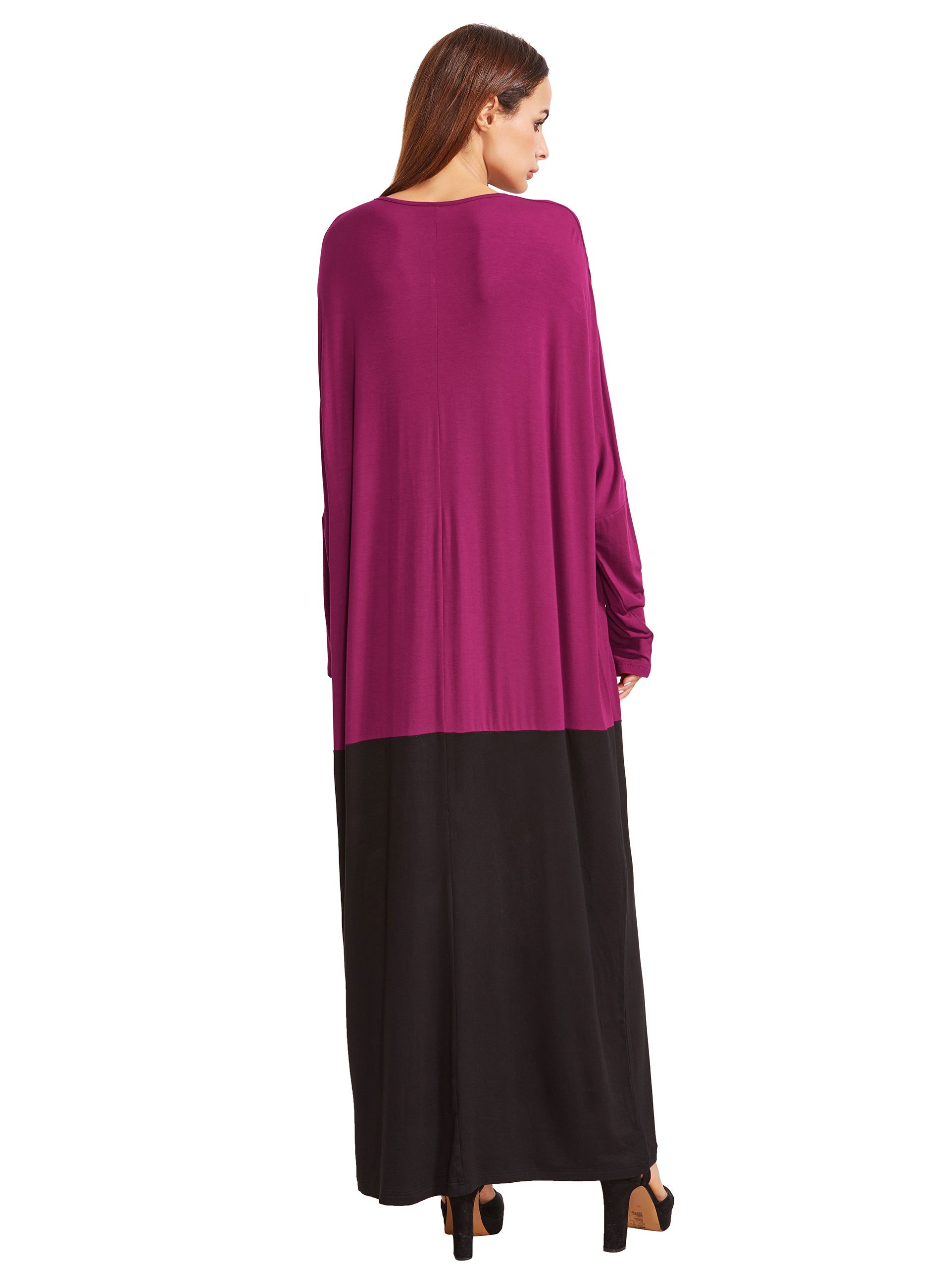 Color Block Round Neck Long Sleeve Maxi Dress