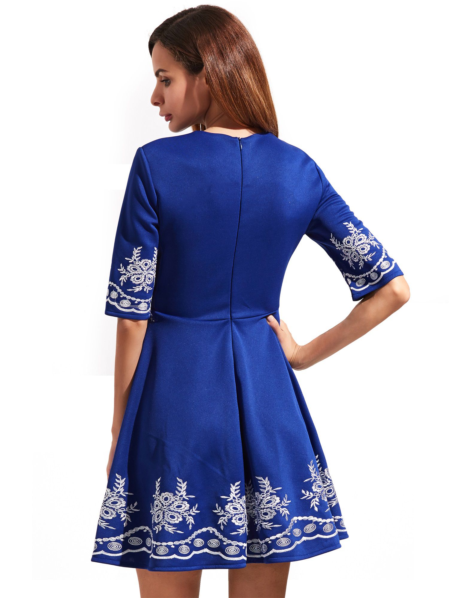 Light Royal Blue Embroidered Half Sleeve Flare Dress